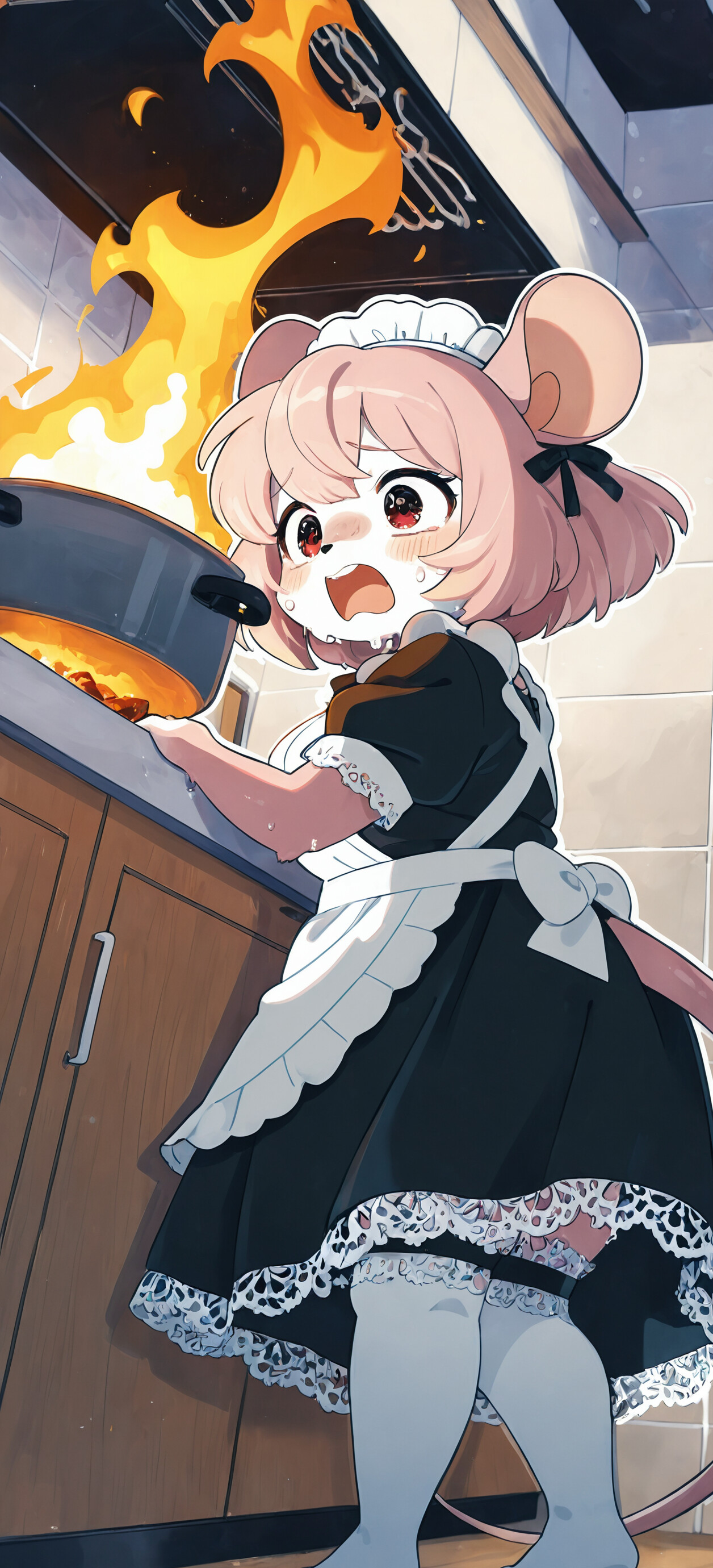An anime-style mouse girl with pink hair and a white dress looks over her shoulder with a panicked expression as two pans on the kitchen stove behind her are on fire.