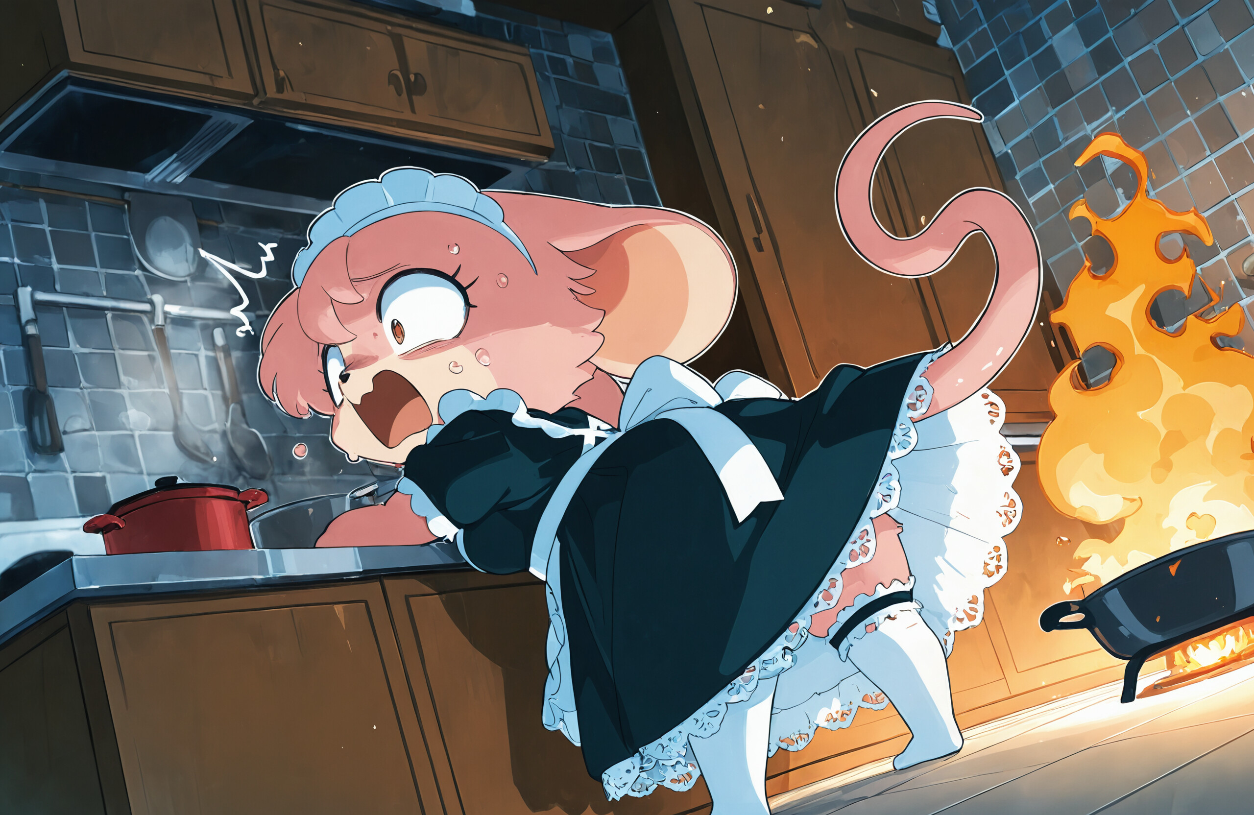 An anime-style mouse girl with pink hair and a white dress looks over her shoulder with a panicked expression as two pans on the kitchen stove behind her are on fire.