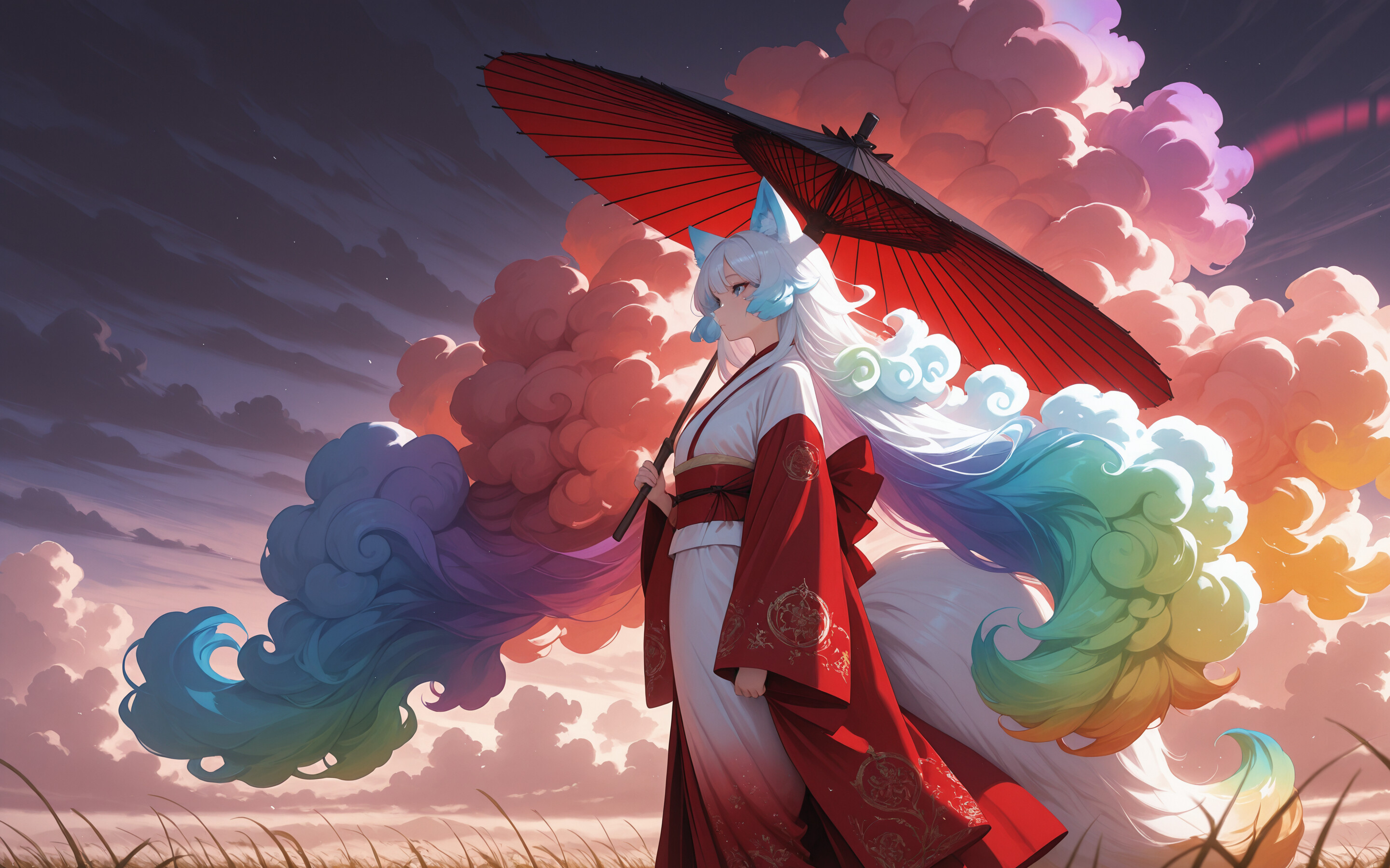 An anime-style illustration of a kitsune (fox girl) with long white hair and fluffy, colorful tails, holding a red and black umbrella while walking through a golden field under a sky filled with giant rainbow-colored clouds.