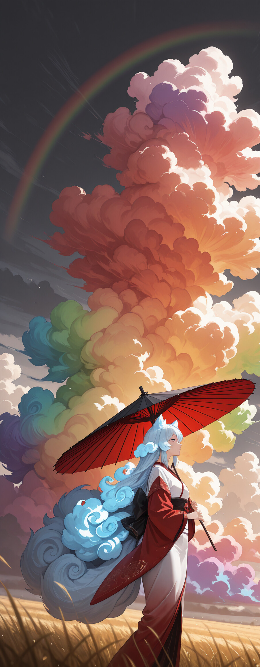 An anime-style illustration of a kitsune (fox girl) with long white hair and fluffy, colorful tails, holding a red and black umbrella while walking through a golden field under a sky filled with giant rainbow-colored clouds.