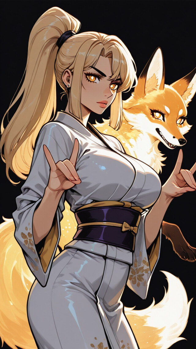 An anime-style illustration of a blonde woman in a blue kimono making a fox hand sign, accompanied by a red fox and a glowing fox spirit in the background.