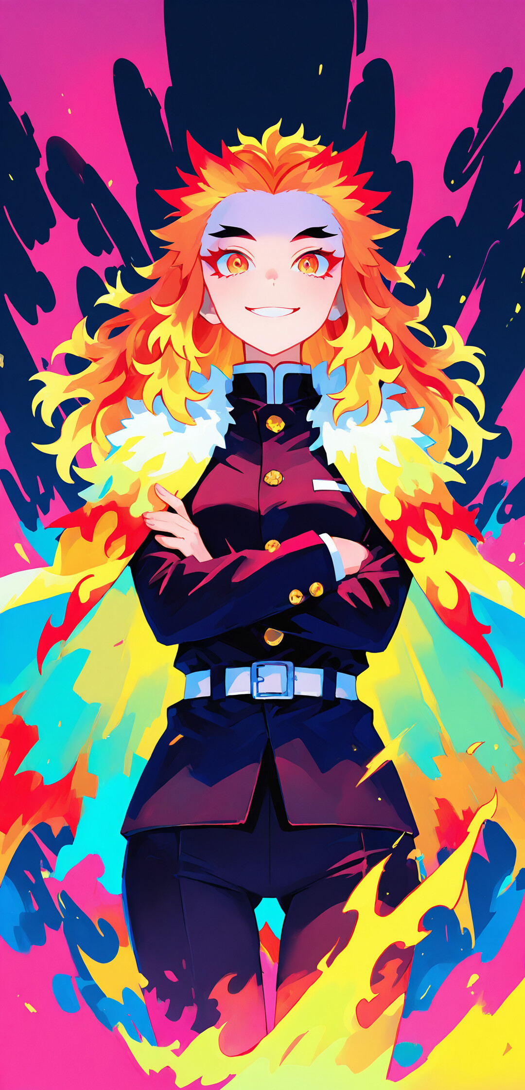 A colorful, stylized illustration of Kyojuro Rengoku from Demon Slayer. He has spiky orange and yellow hair, a wide smile, and is wearing his black Demon Slayer uniform and white flame-patterned cape against a vibrant background of abstract blue and pink flames.