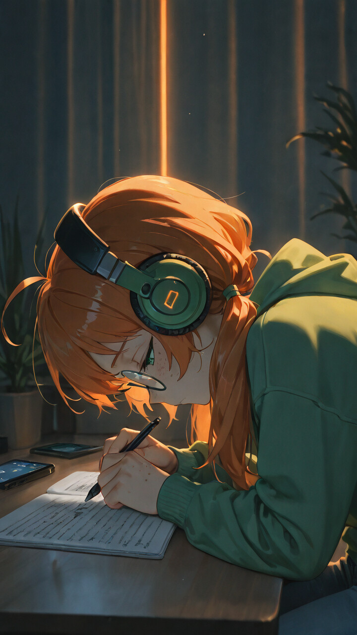 An anime girl with orange hair, glasses, and a green hoodie wears headphones while writing at a desk at night, illuminated by the light of a screen and a warm orange lamp.