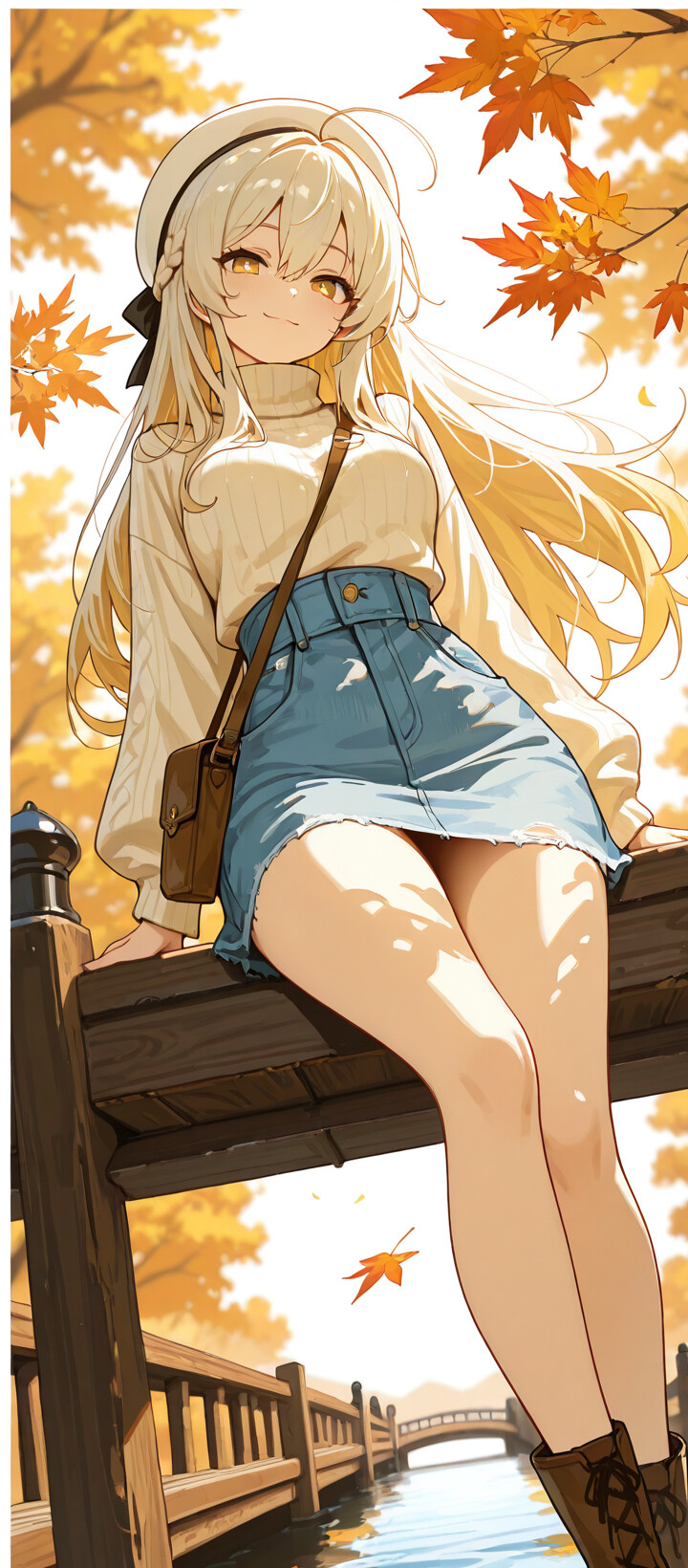 Lumine from Genshin Impact with long blonde hair and a white beret, wearing a cream turtleneck sweater and denim skirt, sitting on a wooden bridge surrounded by falling autumn leaves.