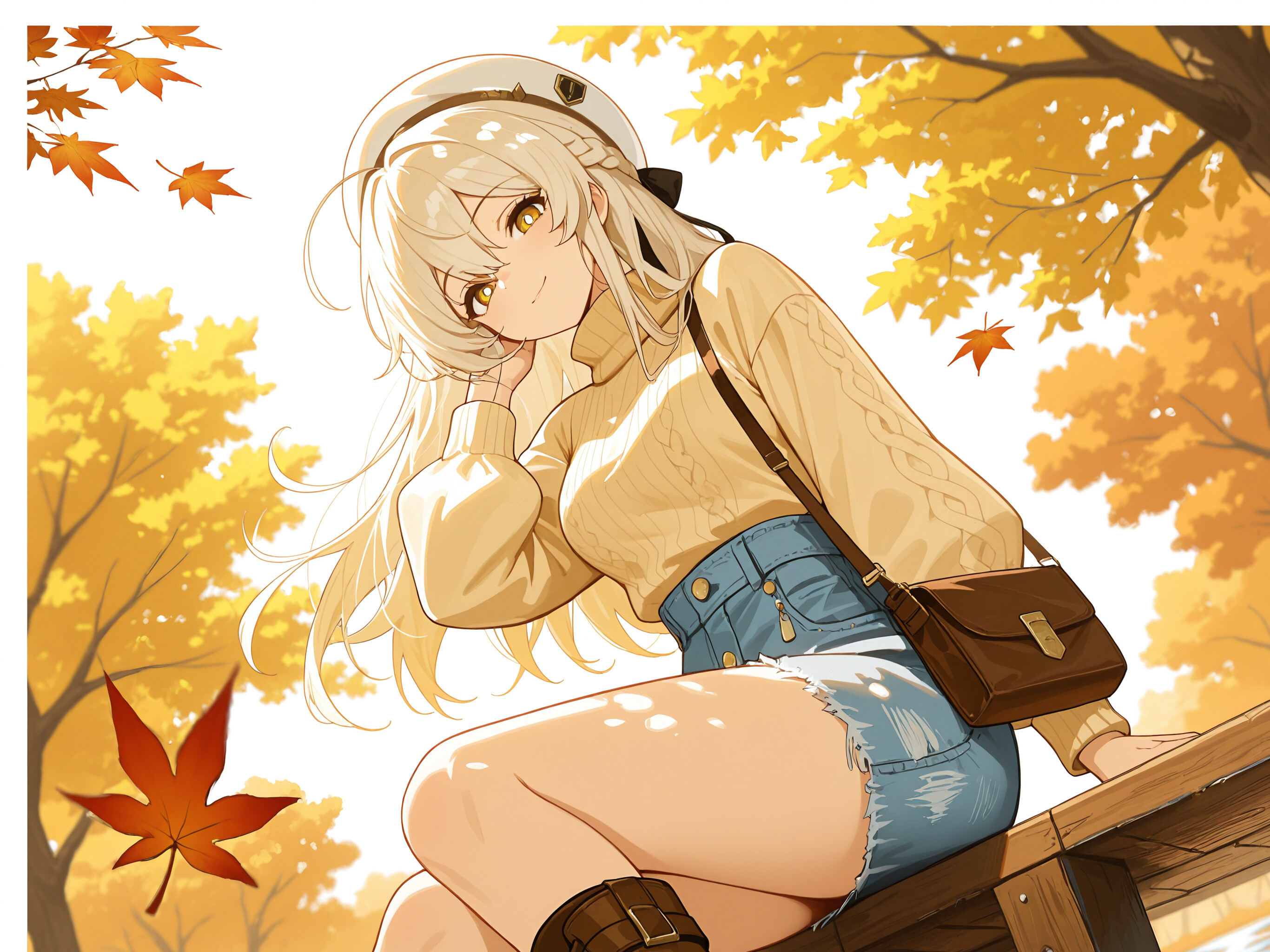 Lumine from Genshin Impact with long blonde hair and a white beret, wearing a cream turtleneck sweater and denim skirt, sitting on a wooden bridge surrounded by falling autumn leaves.