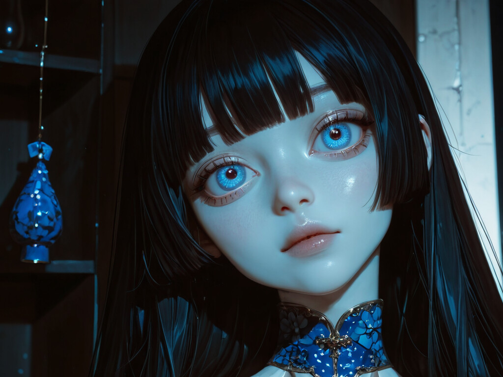 A close-up portrait of an android resembling a porcelain doll, featuring pale skin, long black hair in a hime cut, and large, bright blue eyes. She wears a blue jeweled tiara and an ornate blue collar, looking up in a dark, softly lit room.