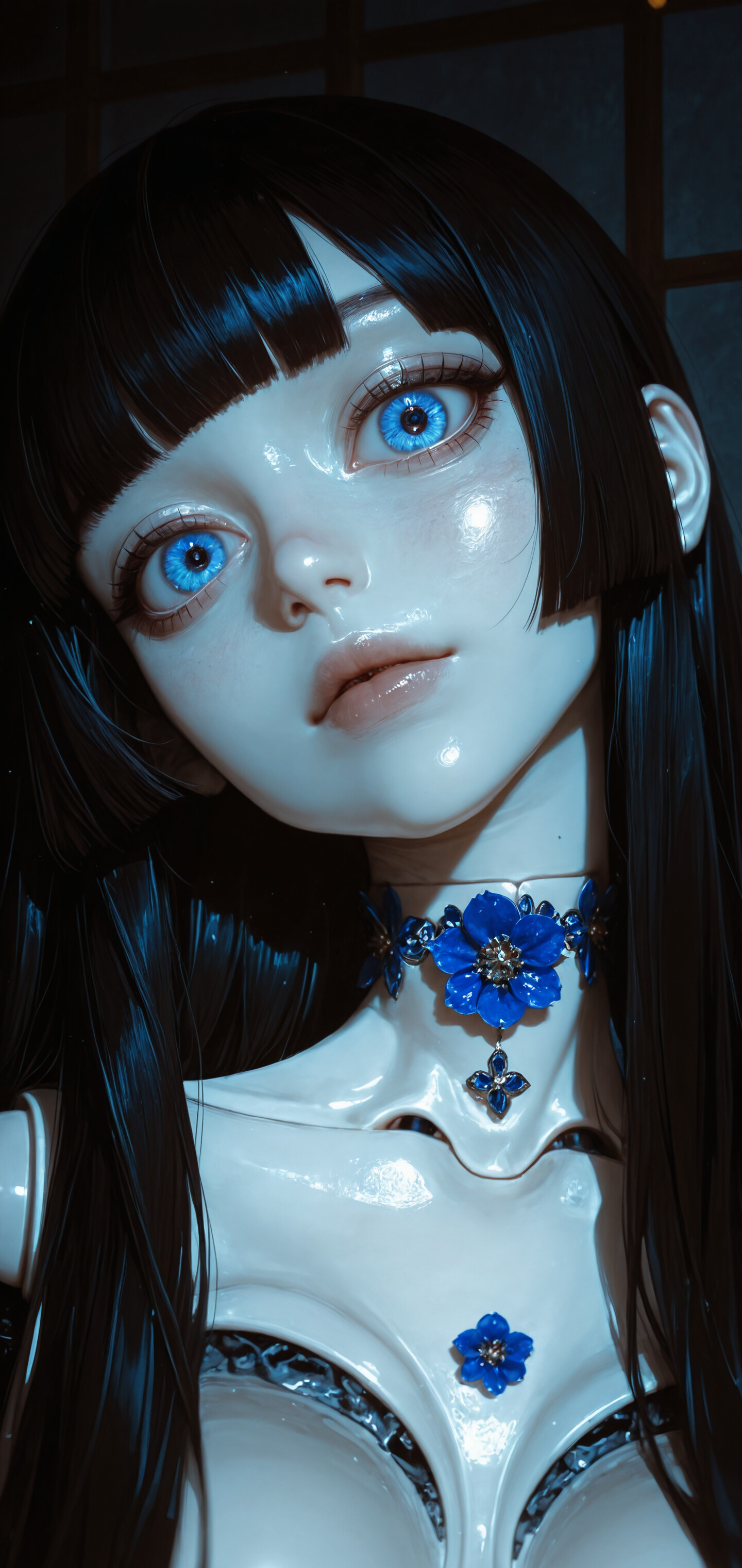 A close-up portrait of an android resembling a porcelain doll, featuring pale skin, long black hair in a hime cut, and large, bright blue eyes. She wears a blue jeweled tiara and an ornate blue collar, looking up in a dark, softly lit room.