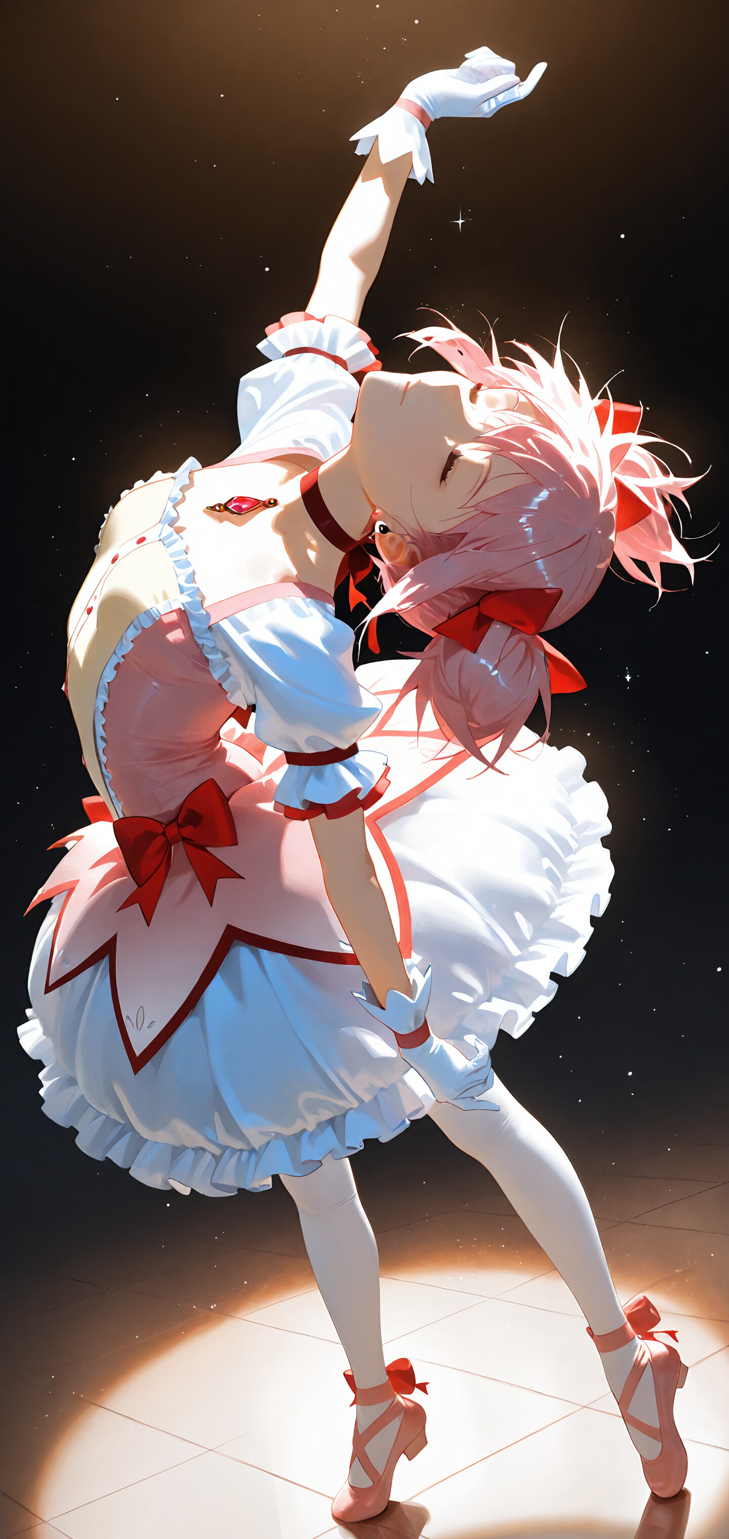 Madoka Kaname from Puella Magi Madoka Magica in a pink and white ballerina-style dress, dancing gracefully under a spotlight against a starry background with her eyes closed.