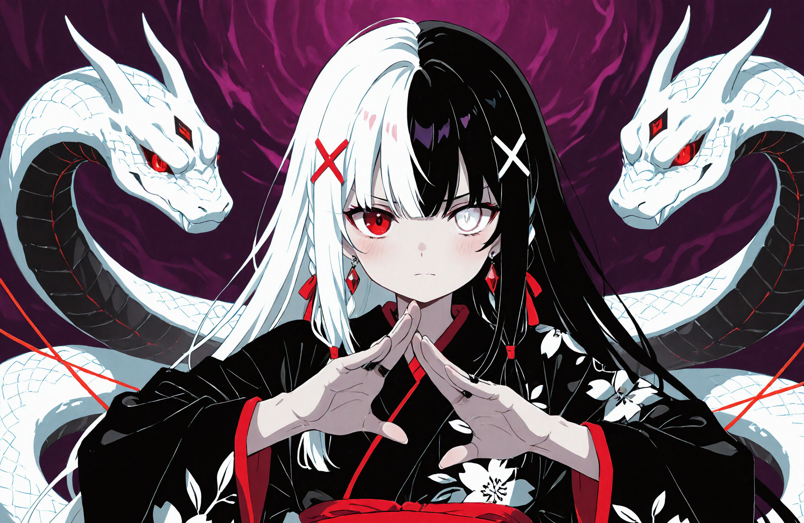 An anime girl with half-black, half-white hair and mismatched red and white eyes, wearing a black kimono and crossing her arms. Behind her is a giant, roaring white serpent with glowing red eyes.