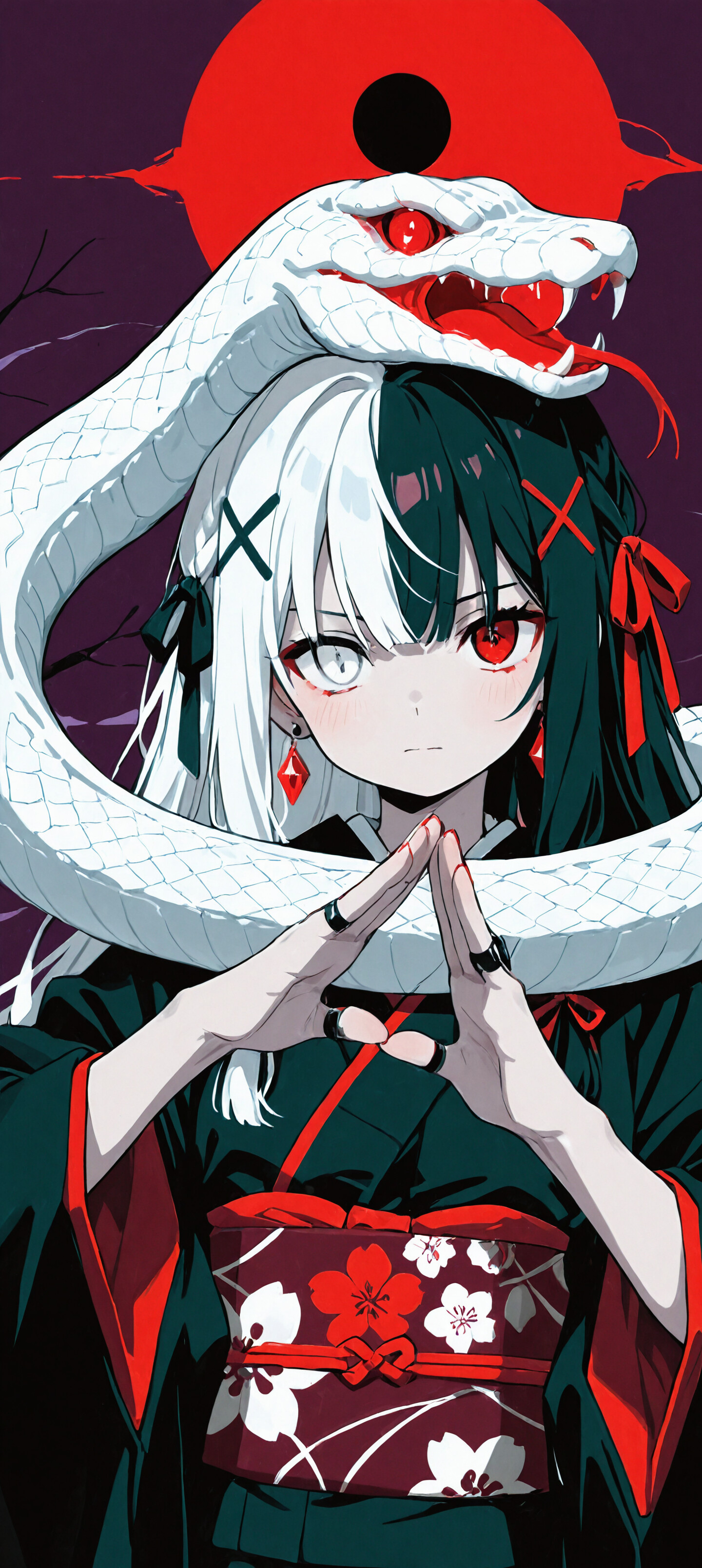 An anime girl with half-black, half-white hair and mismatched red and white eyes, wearing a black kimono and crossing her arms. Behind her is a giant, roaring white serpent with glowing red eyes.