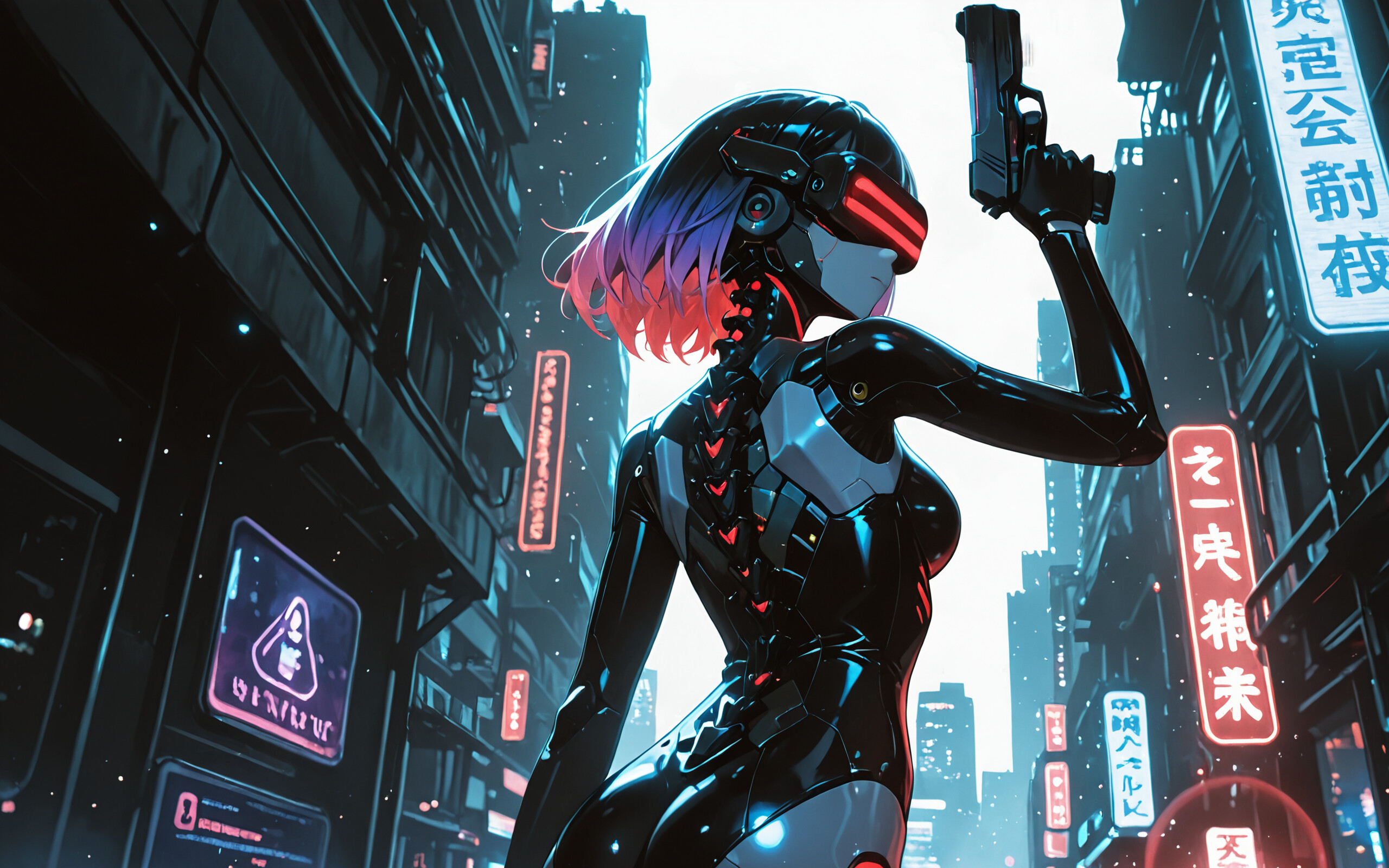 An anime-style illustration of the cyborg Motoko Kusanagi from Ghost in the Shell. She has short purple hair, a red visor, and is wearing a black cybernetic suit with an exposed mechanical spine. She holds a handgun, looking over her shoulder in a futuristic city at night filled with neon signs.
