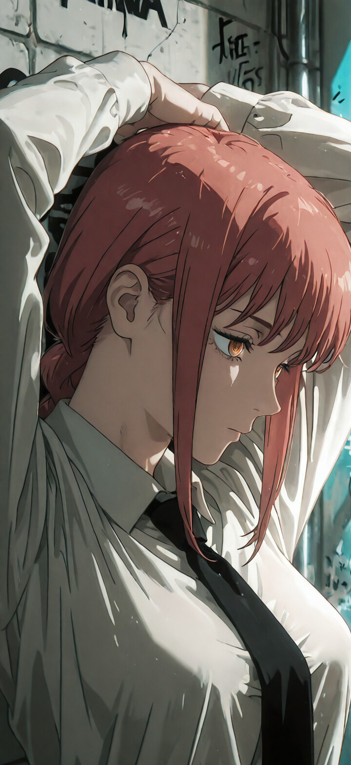 An anime-style illustration of Makima from Chainsaw Man, a woman with pinkish-red hair and yellow ringed eyes, in profile. She is wearing a white shirt and black tie, stretching with her arms up against a wall covered in graffiti.