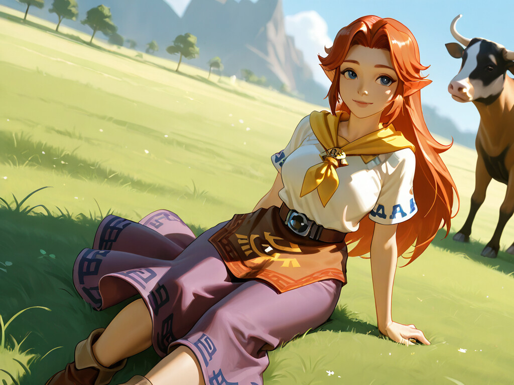 A 3D render of Malon from The Legend of Zelda, a young woman with long red hair and pointed ears, smiling in a green pasture with cows.