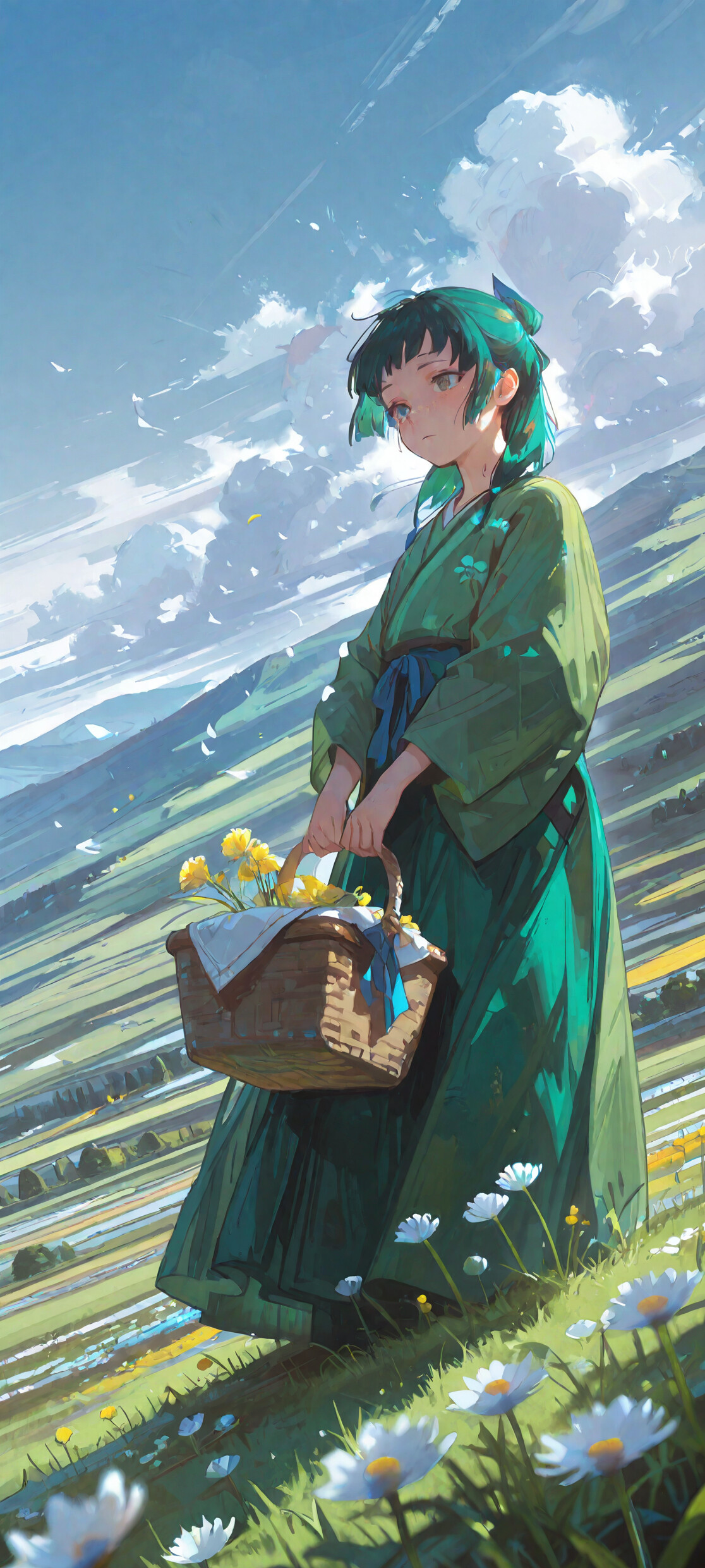 A low-angle illustration of Maomao from The Apothecary Diaries on a grassy hill. She has green hair and freckles, wears a green kimono with a blue ribbon, and holds a basket of yellow flowers under a bright blue sky with white clouds.