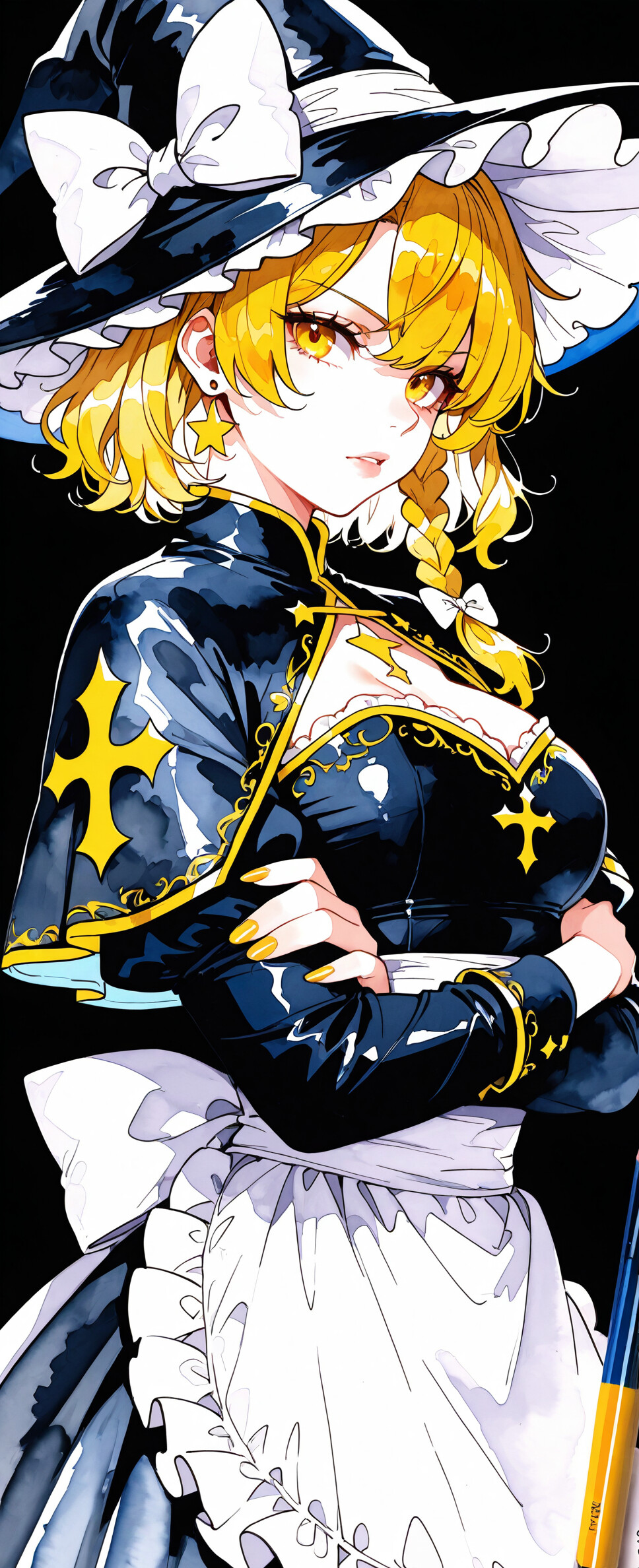 An anime-style artwork of Marisa Kirisame from Touhou Project. A blonde witch with glowing yellow eyes, she is wearing a large black hat with a white bow and a black and white dress, standing with her arms crossed against a black, starry background.