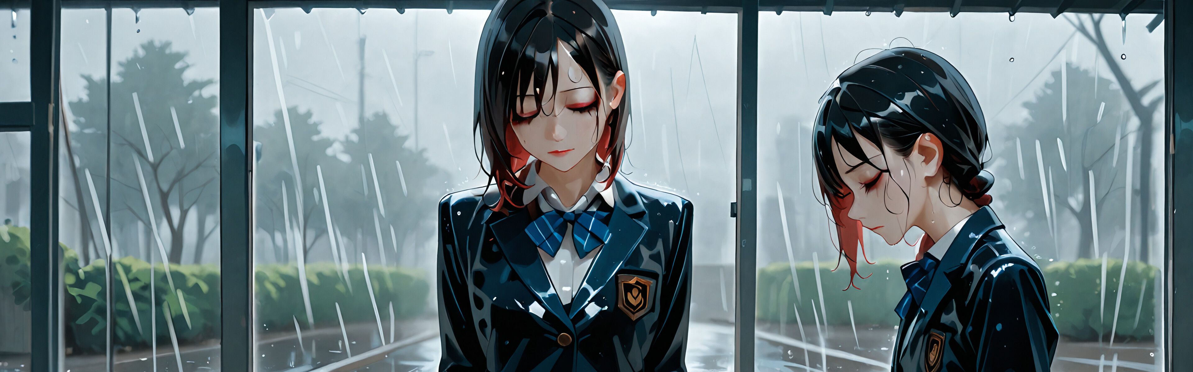 A digital illustration of a young woman with short dark hair, wearing a wet Japanese school uniform, standing with her eyes closed in the pouring rain. She has a sad, downward-looking expression.