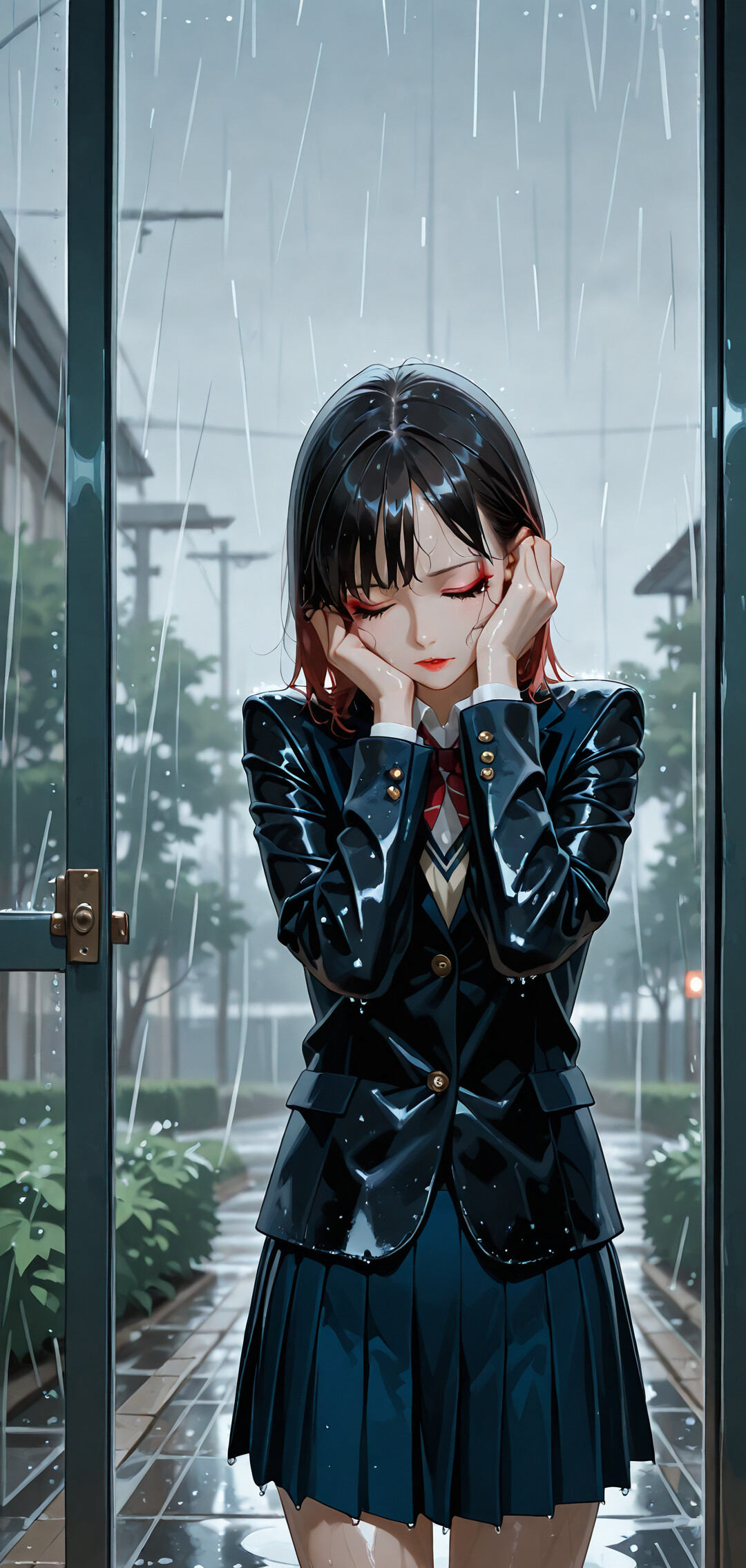 A digital illustration of a young woman with short dark hair, wearing a wet Japanese school uniform, standing with her eyes closed in the pouring rain. She has a sad, downward-looking expression.