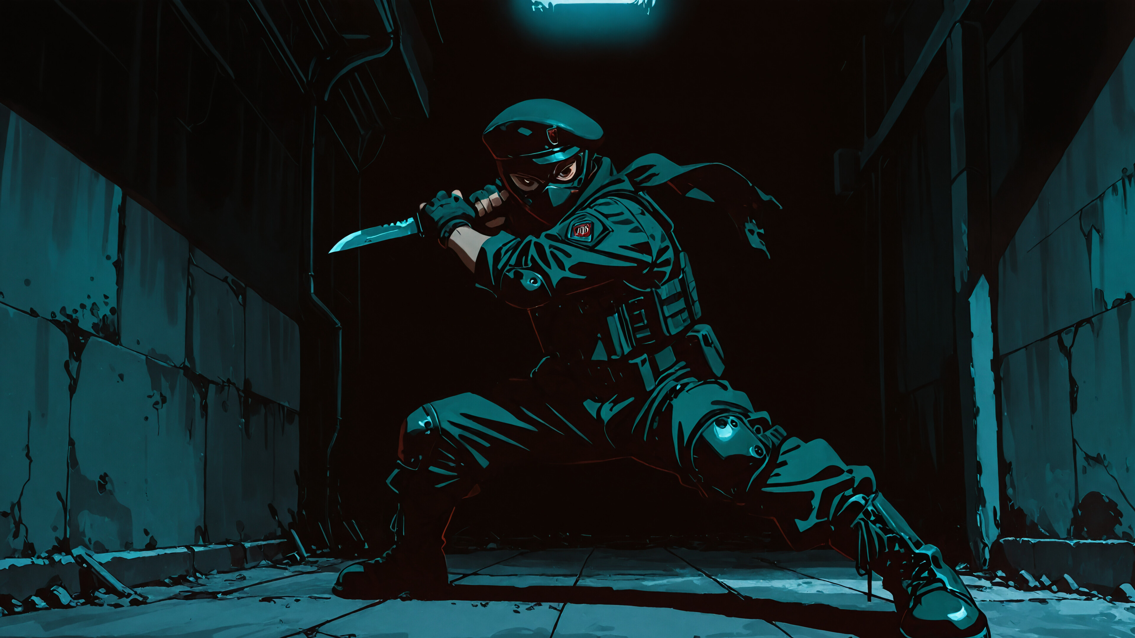 An anime-style illustration of a male special forces soldier in a black uniform, beret, and face mask, crouching in a dark hallway while holding a combat knife in a ready stance.