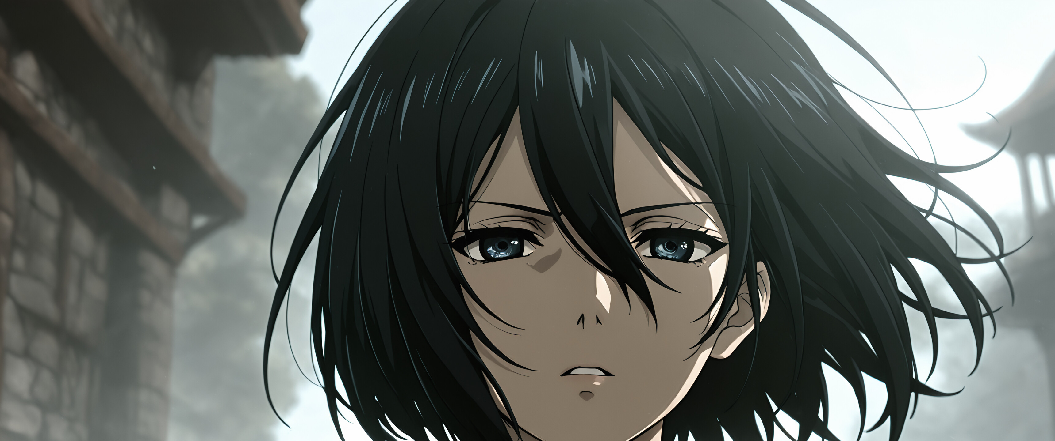 A detailed anime portrait of Mikasa Ackerman from Attack on Titan. She has short black hair, grey eyes, and a determined expression. She is wearing her signature red scarf around her neck.