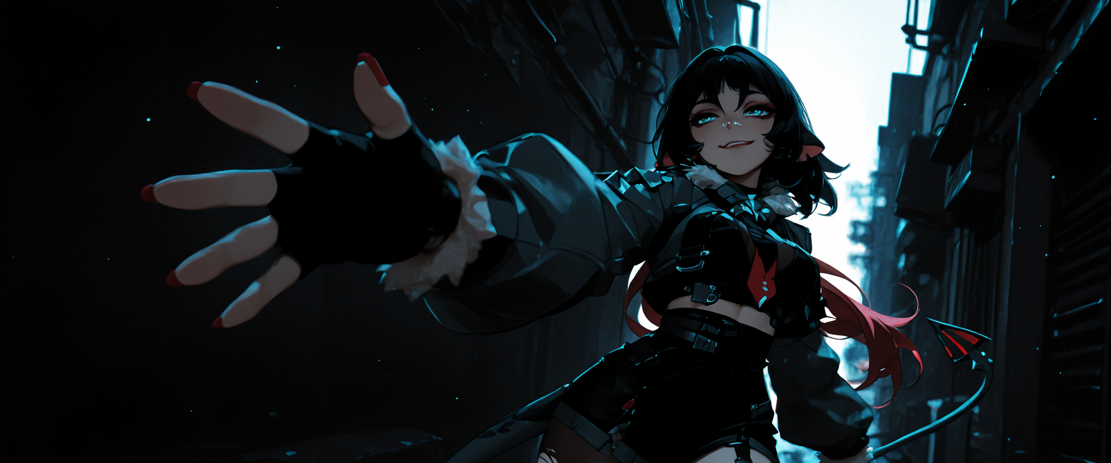 A digital illustration of a young woman with short black hair, cat ears, and a tail, smirking in a dark city alley at night. She wears a green cropped jacket, black shorts, and fingerless gloves.
