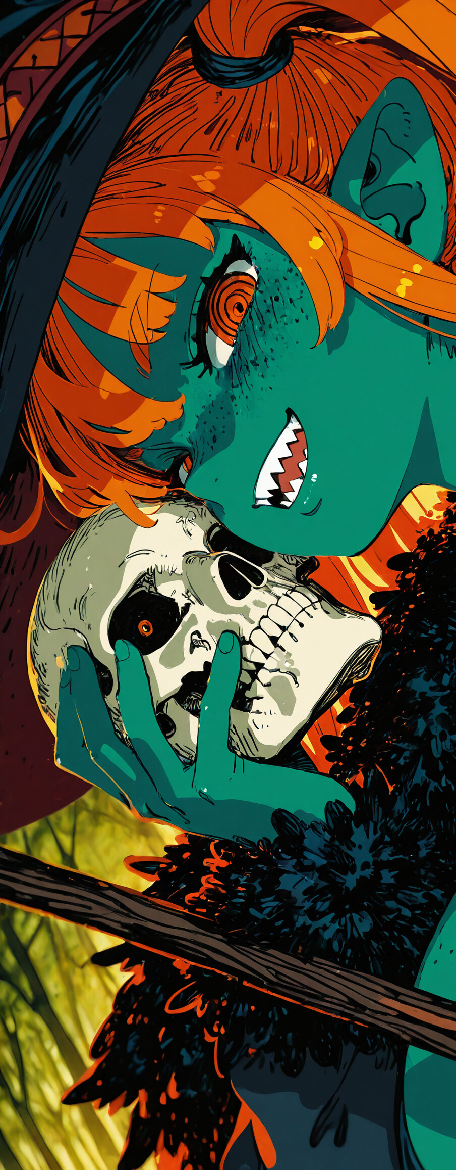 A close-up anime illustration of a young witch with teal-green skin, long orange pigtails, and a large black witch hat. She is grinning widely, showing sharp teeth, and holding a human skull in a green forest setting.