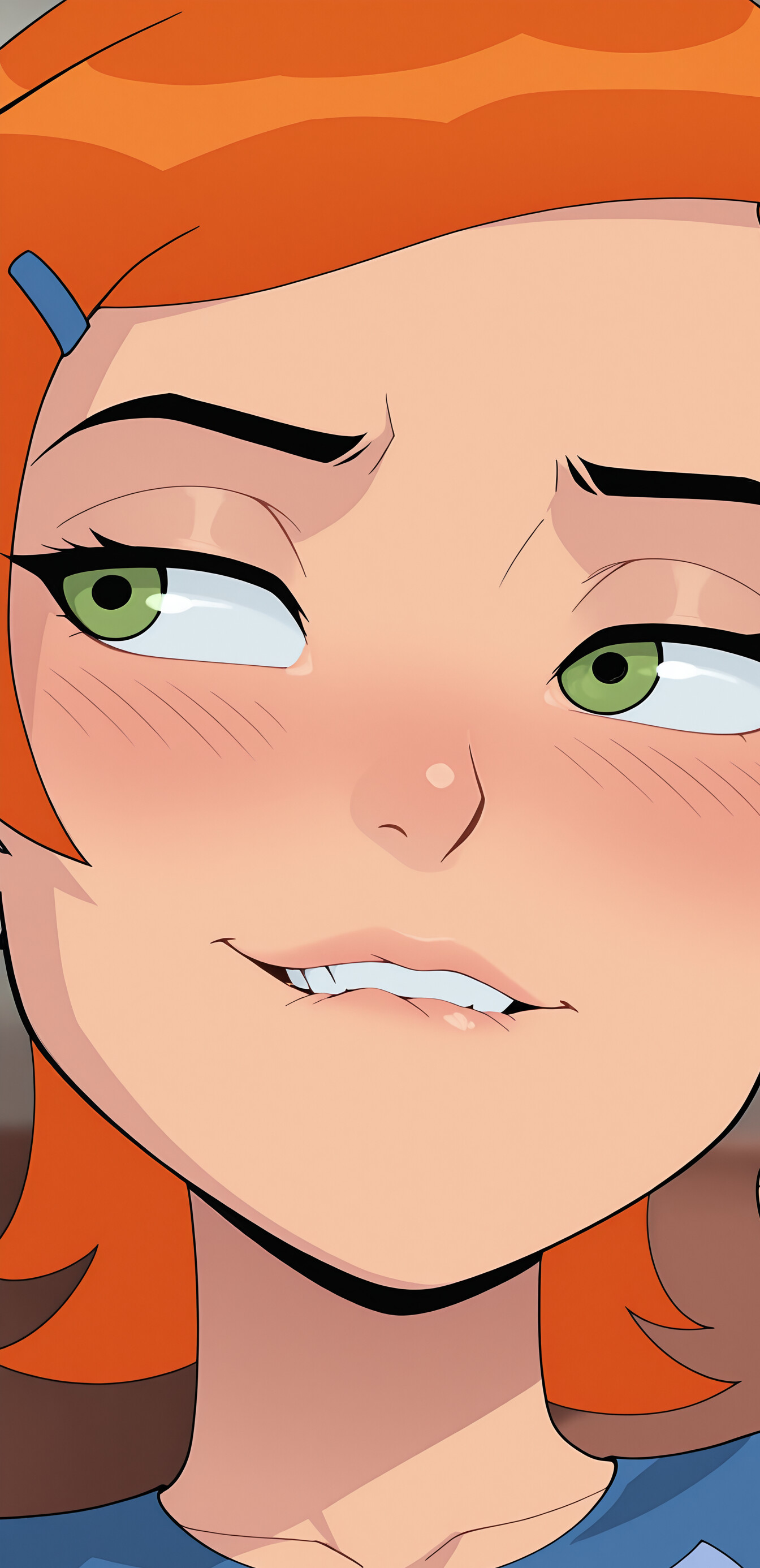Close-up digital art of Gwen Tennyson from Ben 10 with orange hair and green eyes, giving a mischievous, blushing look to the side and biting her lip.