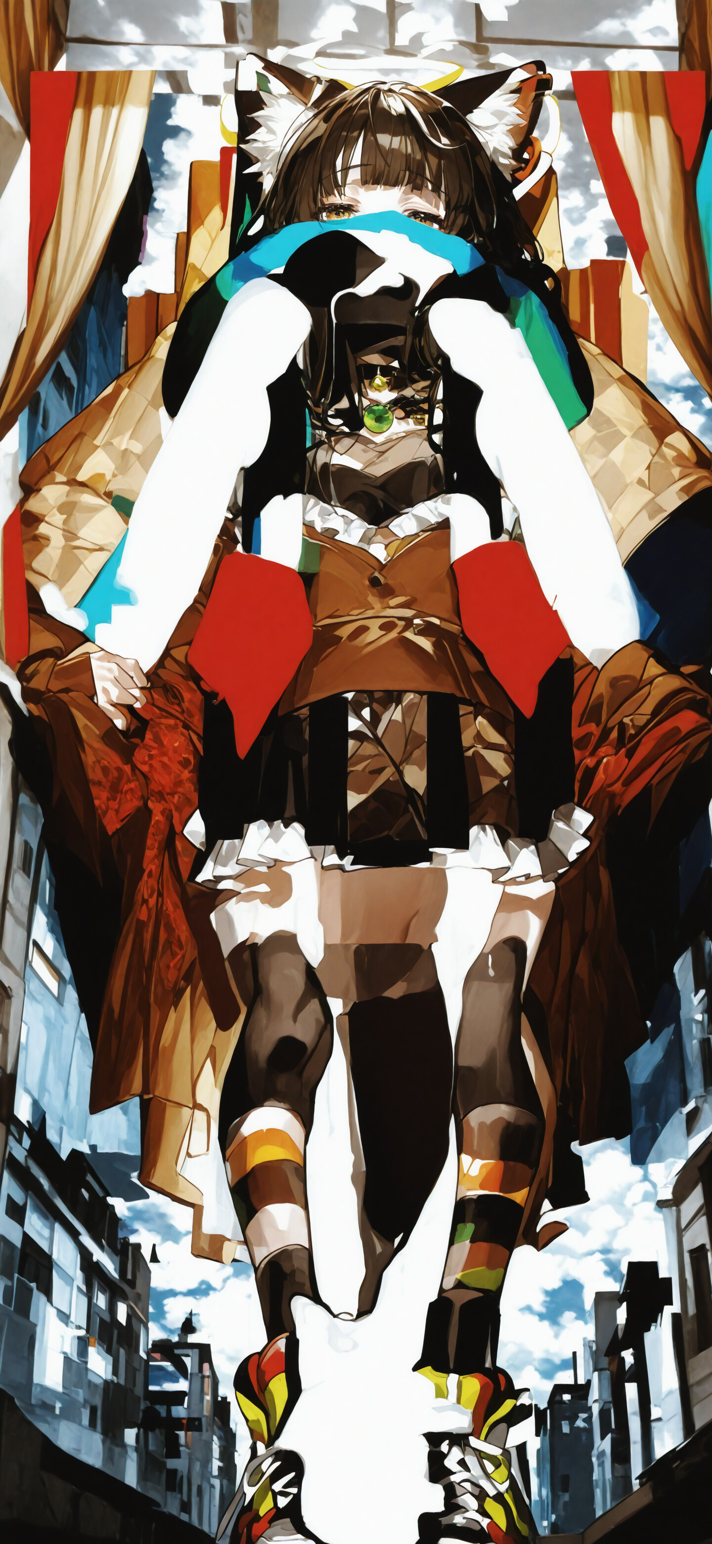 An illustration of Misono Mika from Blue Archive with light green hair and a halo, lying on a checkered floor in a room with a city view. The image has a prominent abstract and glitchy art style.