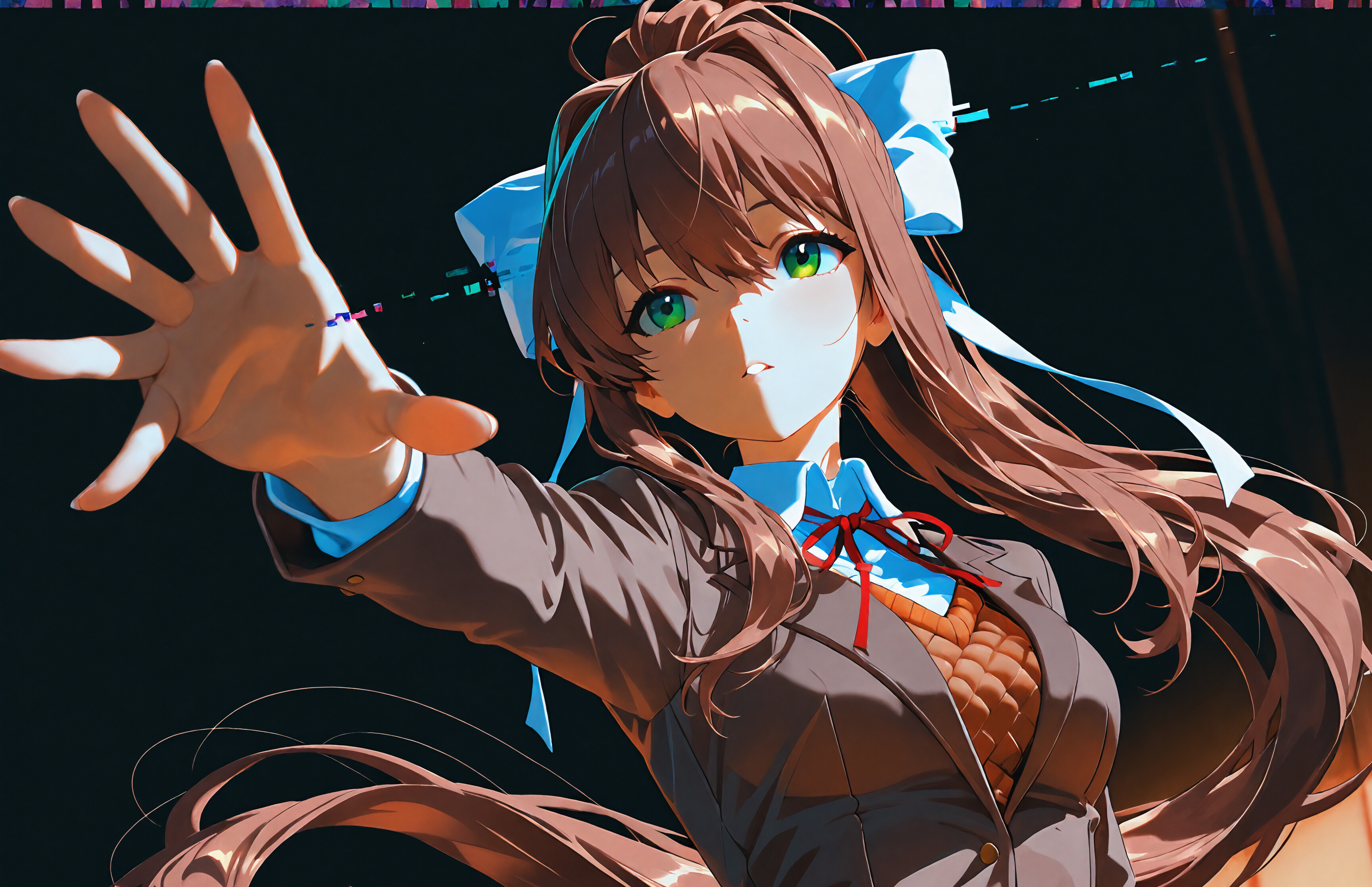 An illustration of Monika from Doki Doki Literature Club! with long brown hair in a ponytail and a white bow, wearing her school uniform and reaching her hand out towards the viewer against a bright, glitching background.