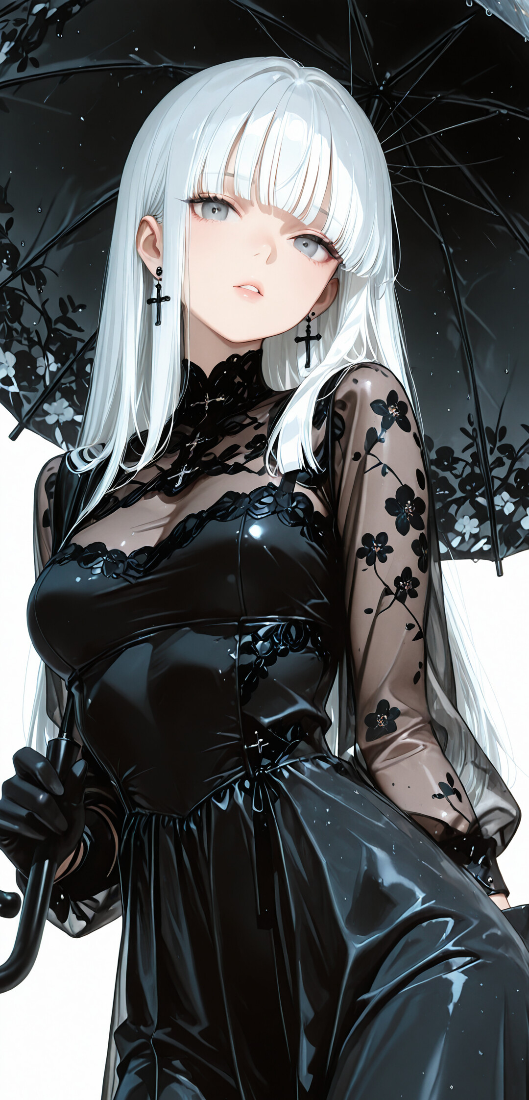 An anime illustration of a woman with long white hair and grey eyes wearing a black gothic dress with see-through floral sleeves, black gloves, and cross earrings, holding a black umbrella with a white flower pattern.