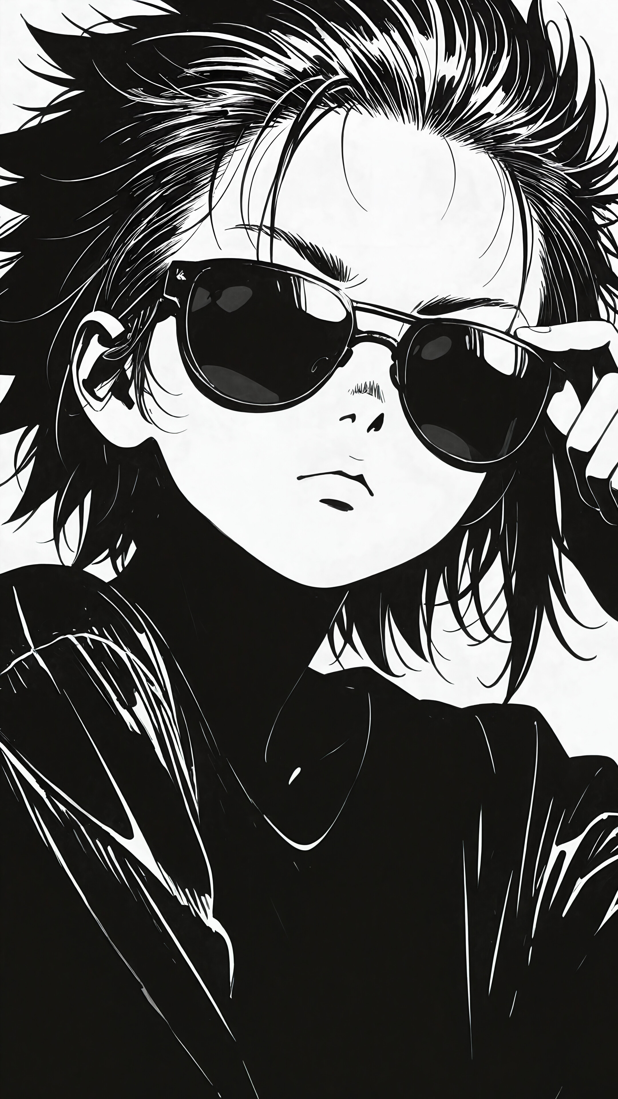 A black and white comic-style illustration of Manjiro 'Mikey' Sano from Tokyo Revengers. He has short, spiky hair and is looking over the top of his sunglasses while adjusting them with his right hand.