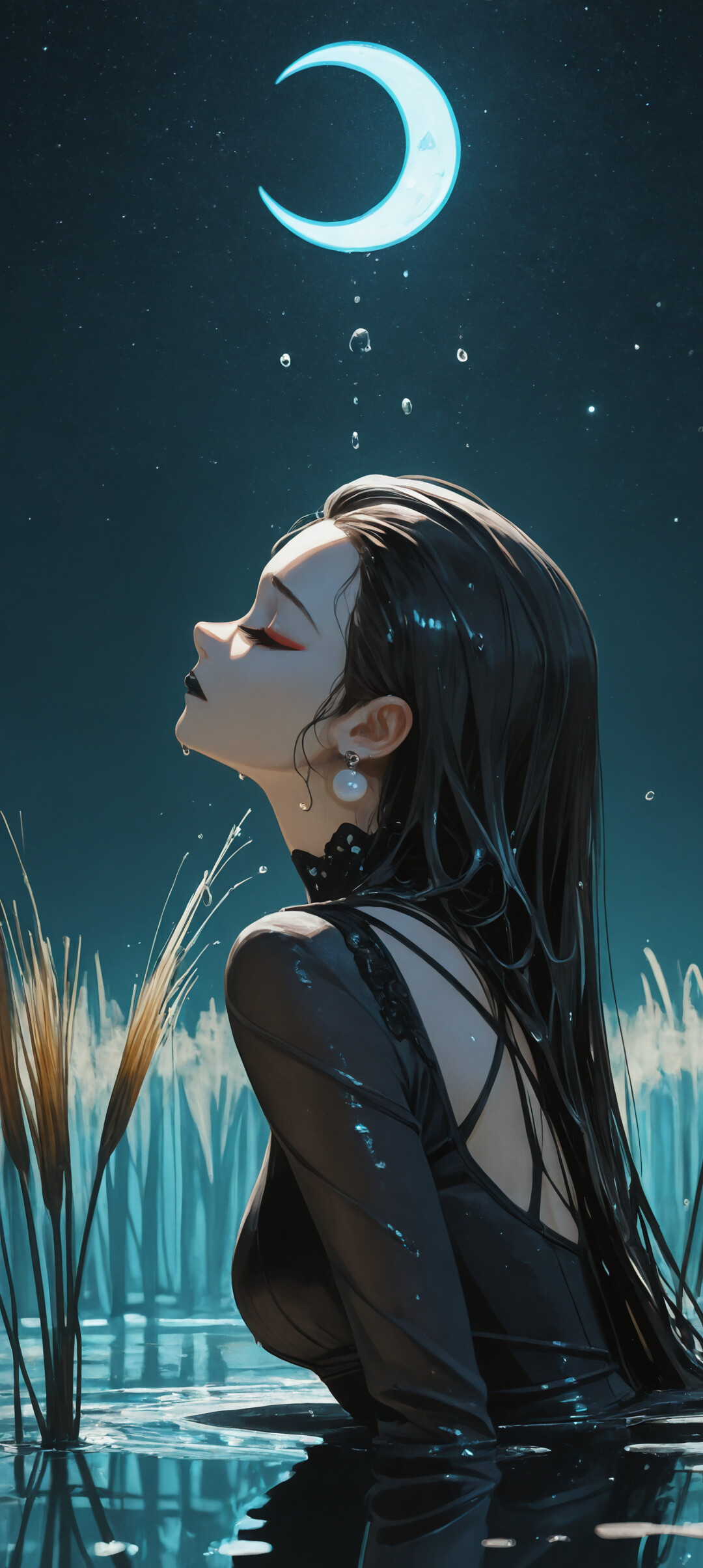 A digital illustration of a woman with long, wet black hair in profile, standing waist-deep in water among reeds. She wears a tight black outfit and pearl earrings, her head tilted back towards a crescent moon in a starry, dark teal sky.