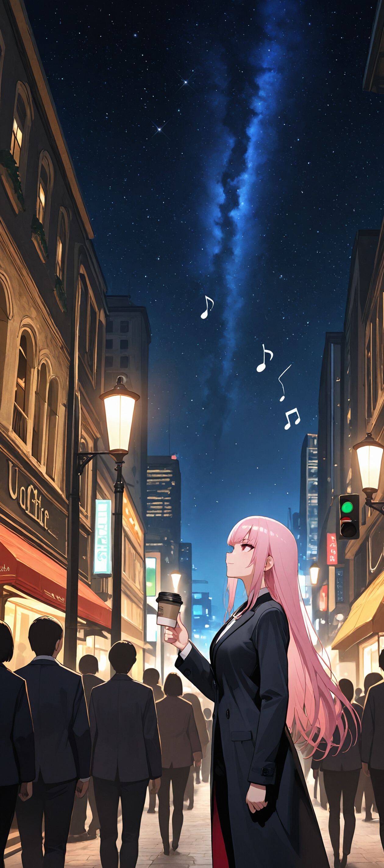 An anime-style illustration of Mori Calliope, a woman with long pink hair and red eyes, wearing a black business suit and long coat. She is on a city street at night, holding a coffee cup and making a 'shushing' gesture with her finger to her lips under a starry sky.