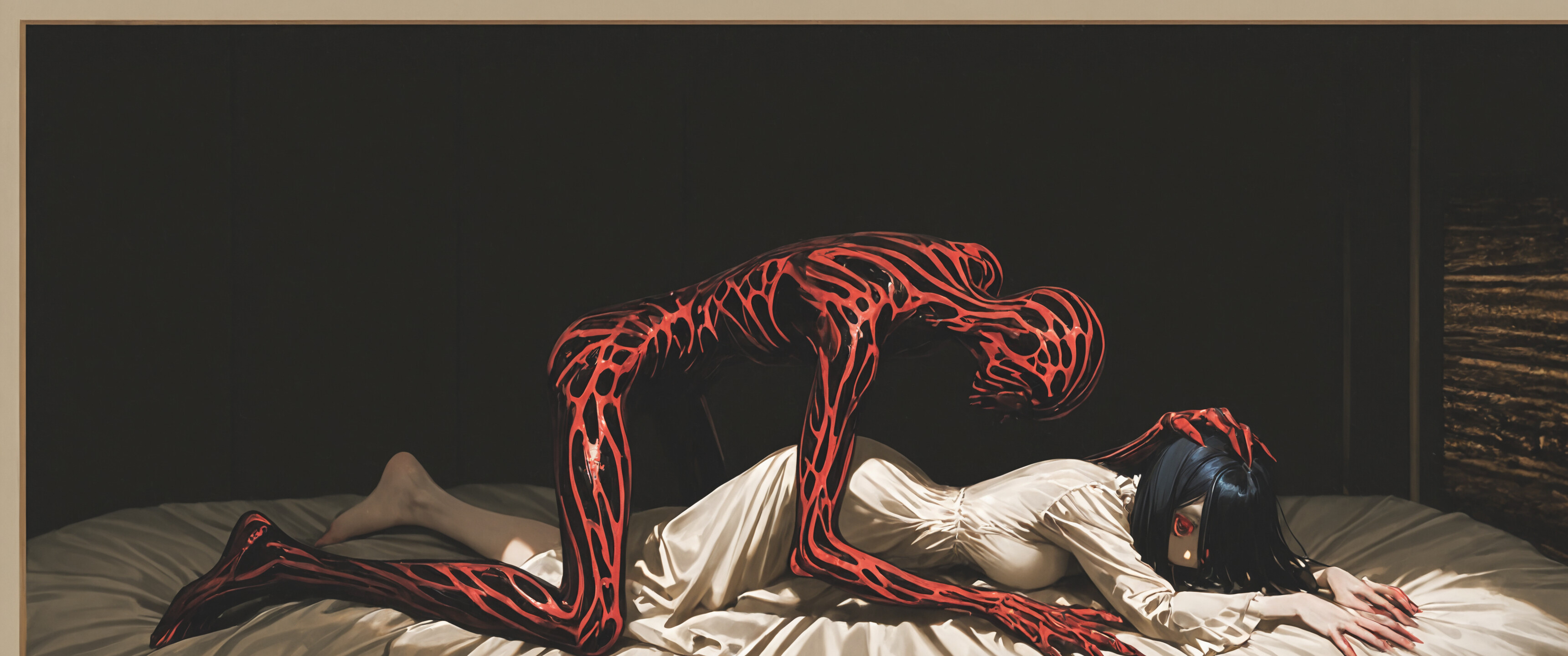 A digital painting of the character Morta from the 'Vermis' series, a woman with long black hair in a white dress, kneeling on a red bed in a dark, brick-walled room. She is gently touching the back of a monstrous, skinless red creature crouched before her.