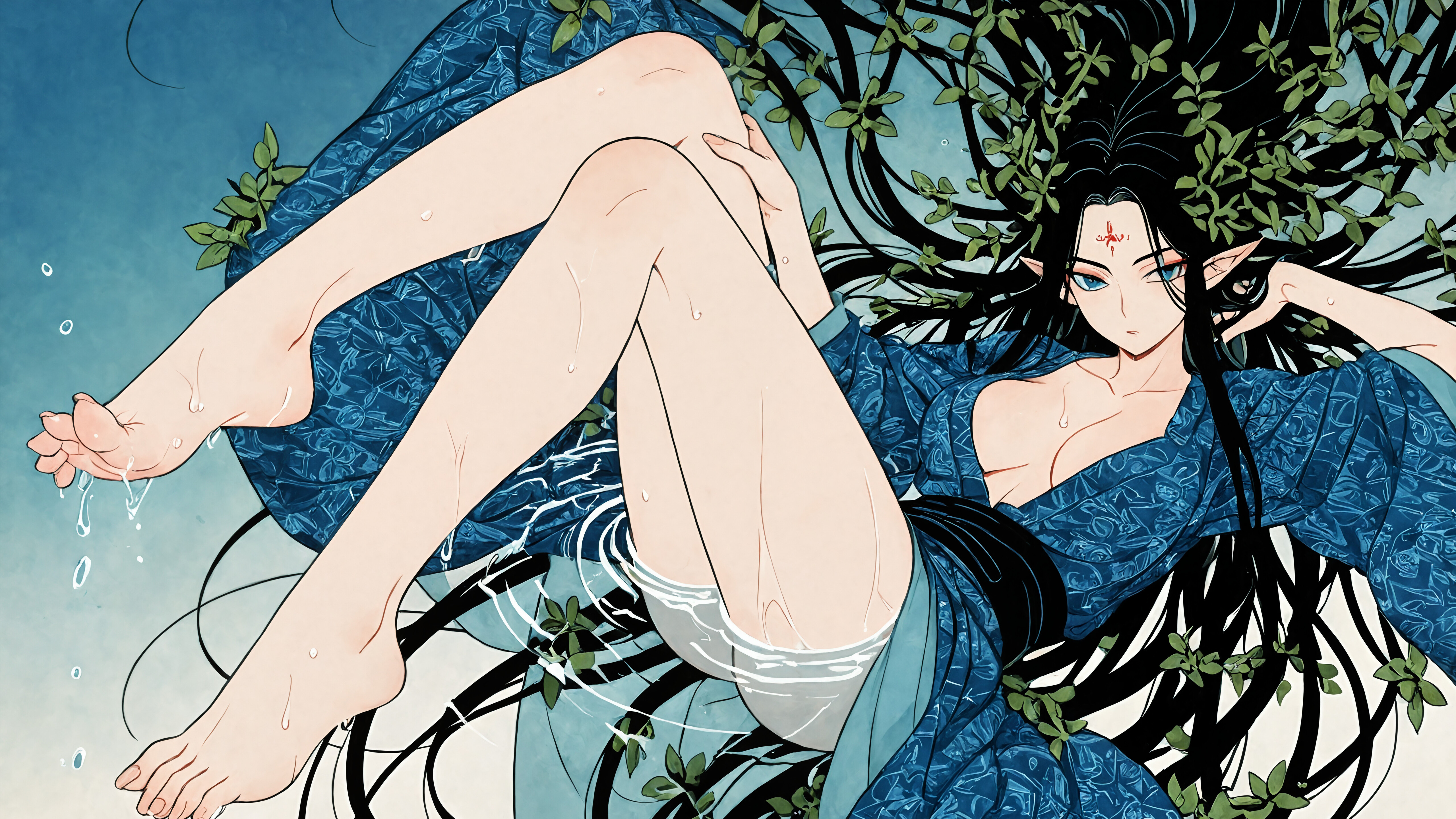 An overhead view of an elf with very long black hair and pointy ears, lying in rippling blue water. They are wearing a dark blue robe and looking up at the viewer with one leg raised towards the sky.