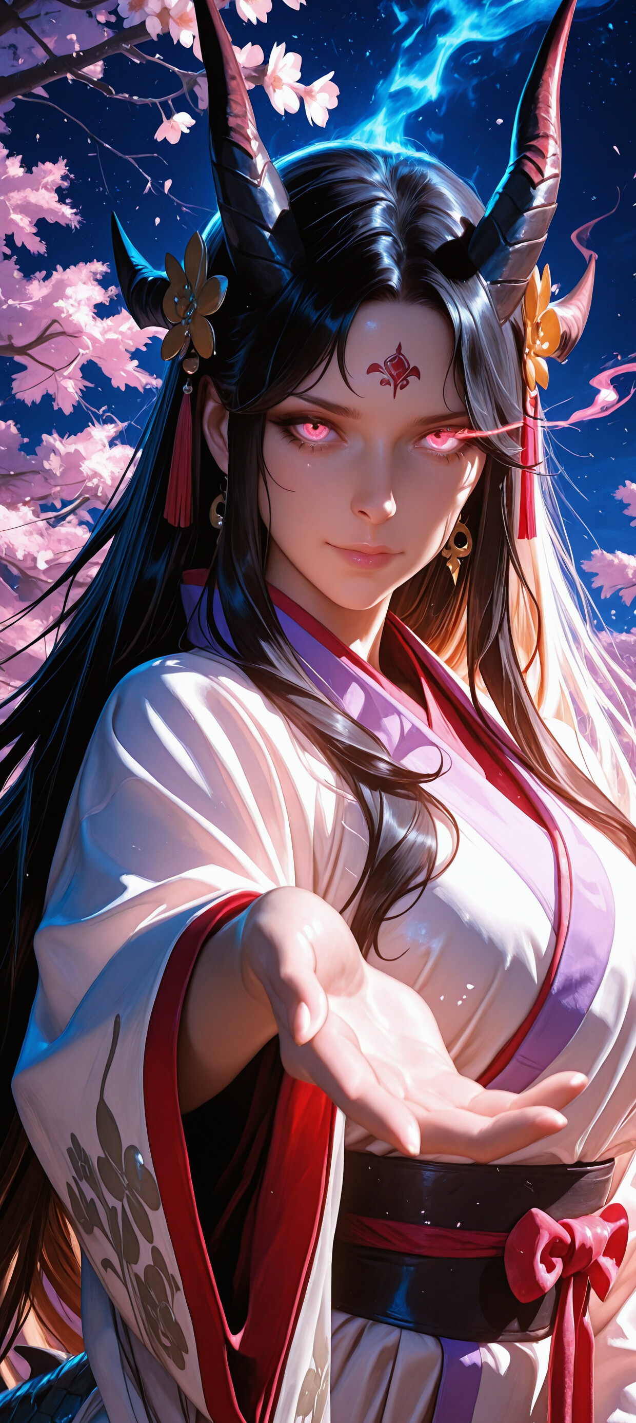 A digital painting of Yamato from One Piece, reimagined as a dragon priestess. She has long black hair, golden horns, and glowing pink eyes, and is holding a ball of light in her hands inside a dark Japanese temple.