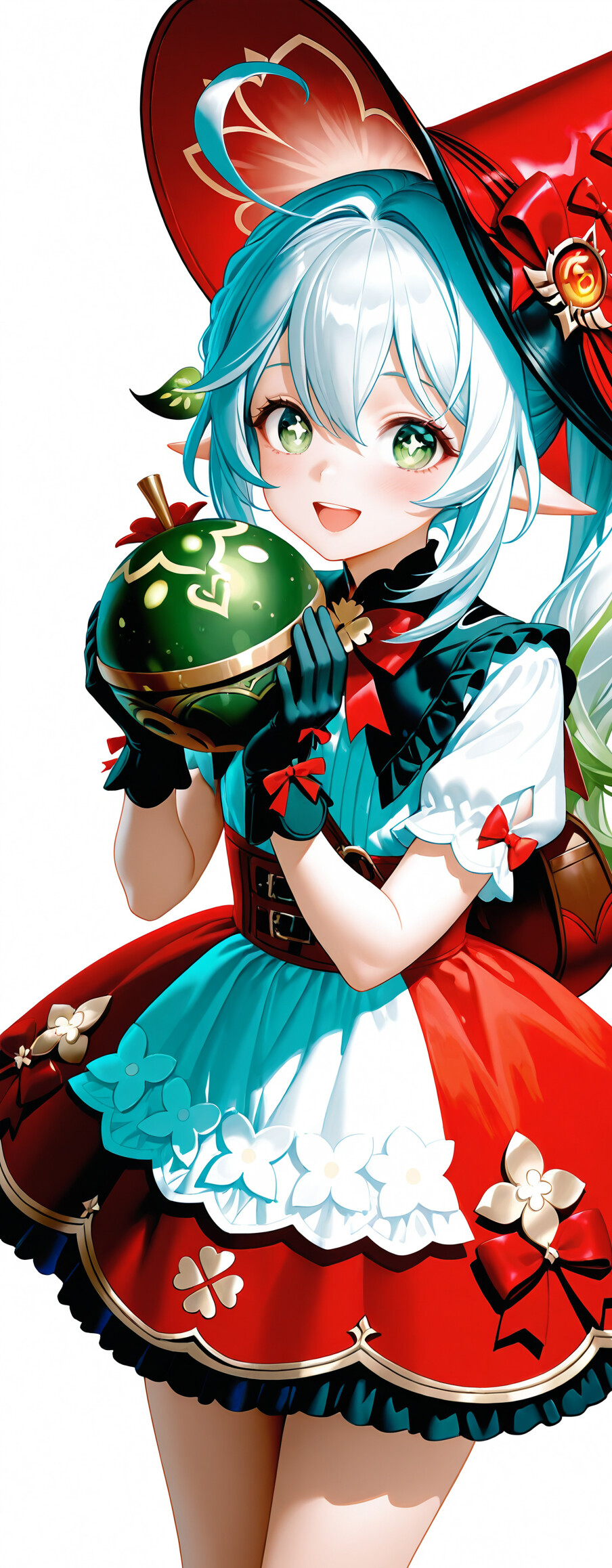 An anime illustration of Nahida from Genshin Impact dressed as Klee. She has long white hair with green tips, elf ears, and is wearing a large red witch hat and a red and white dress while holding a cute, cat-faced bomb.