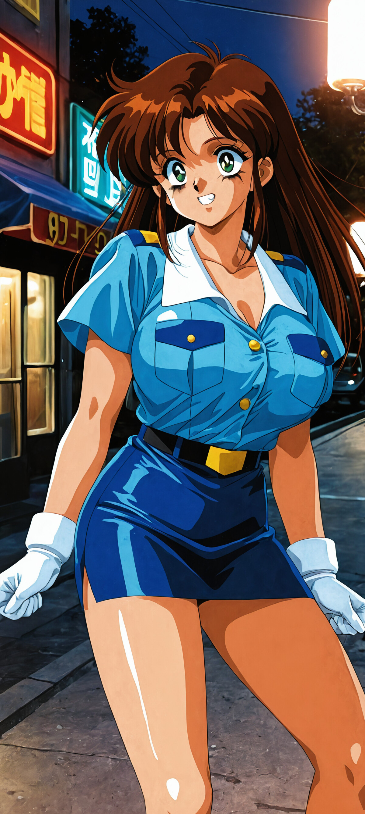 An illustration of Natsumi Tsujimoto, a brown-haired anime police officer from 'You're Under Arrest', smiling brightly while standing in the middle of a city street at night.