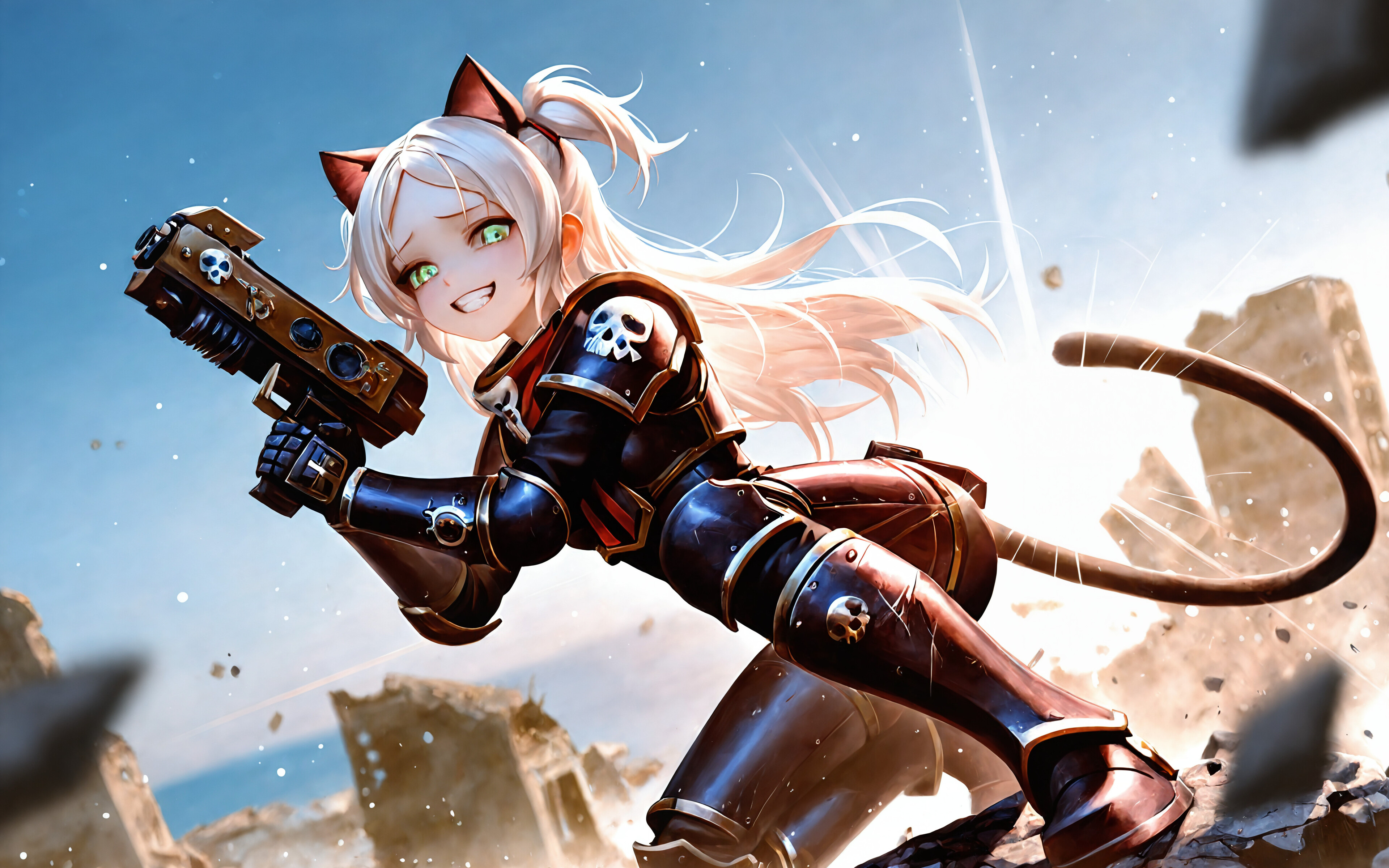 An anime cat girl with white hair and green eyes, wearing blue and red Warhammer 40k-style power armor, joyfully dual-wielding pistols on a desolate battlefield.