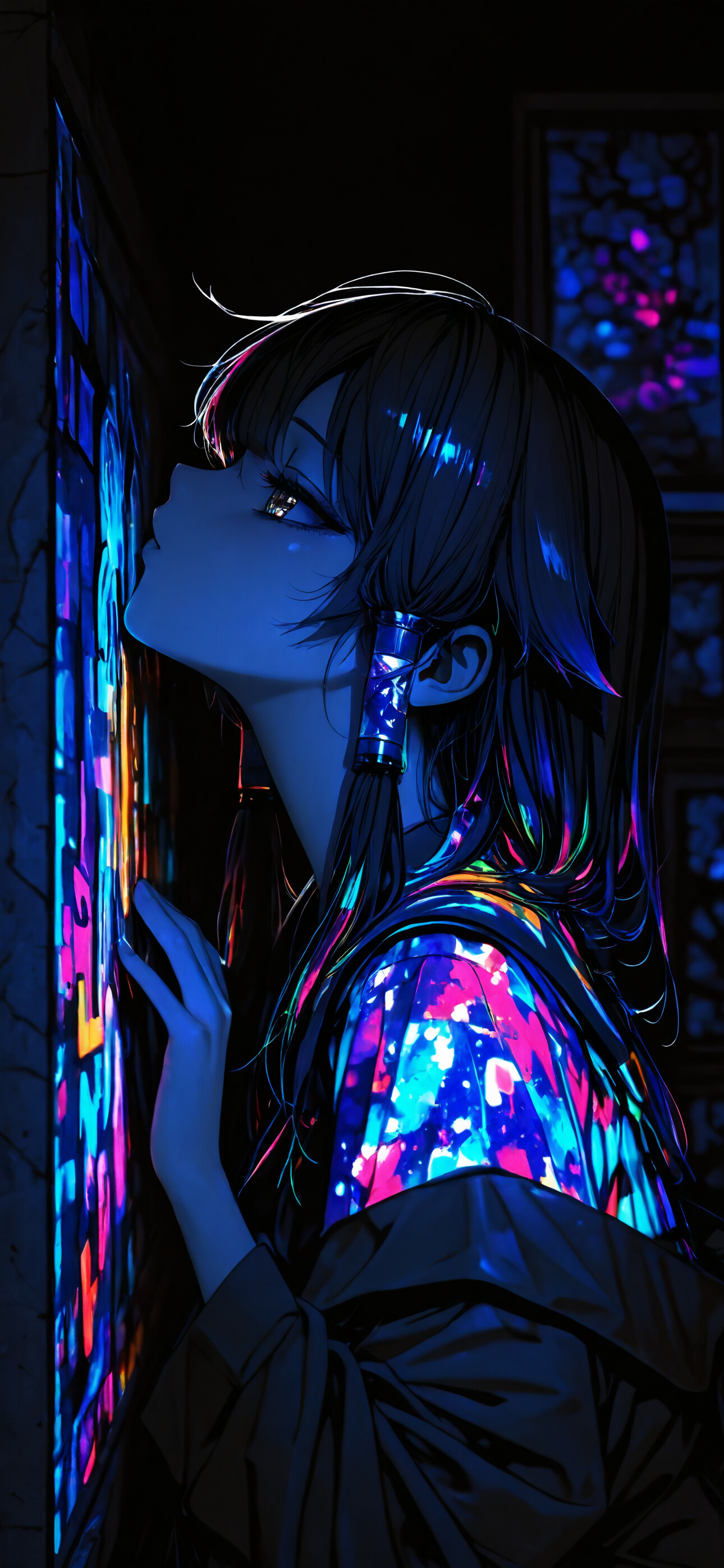 Side profile of an anime girl with long blue hair looking at a wall of glowing pink and cyan neon lights in a dark, blue-toned environment.