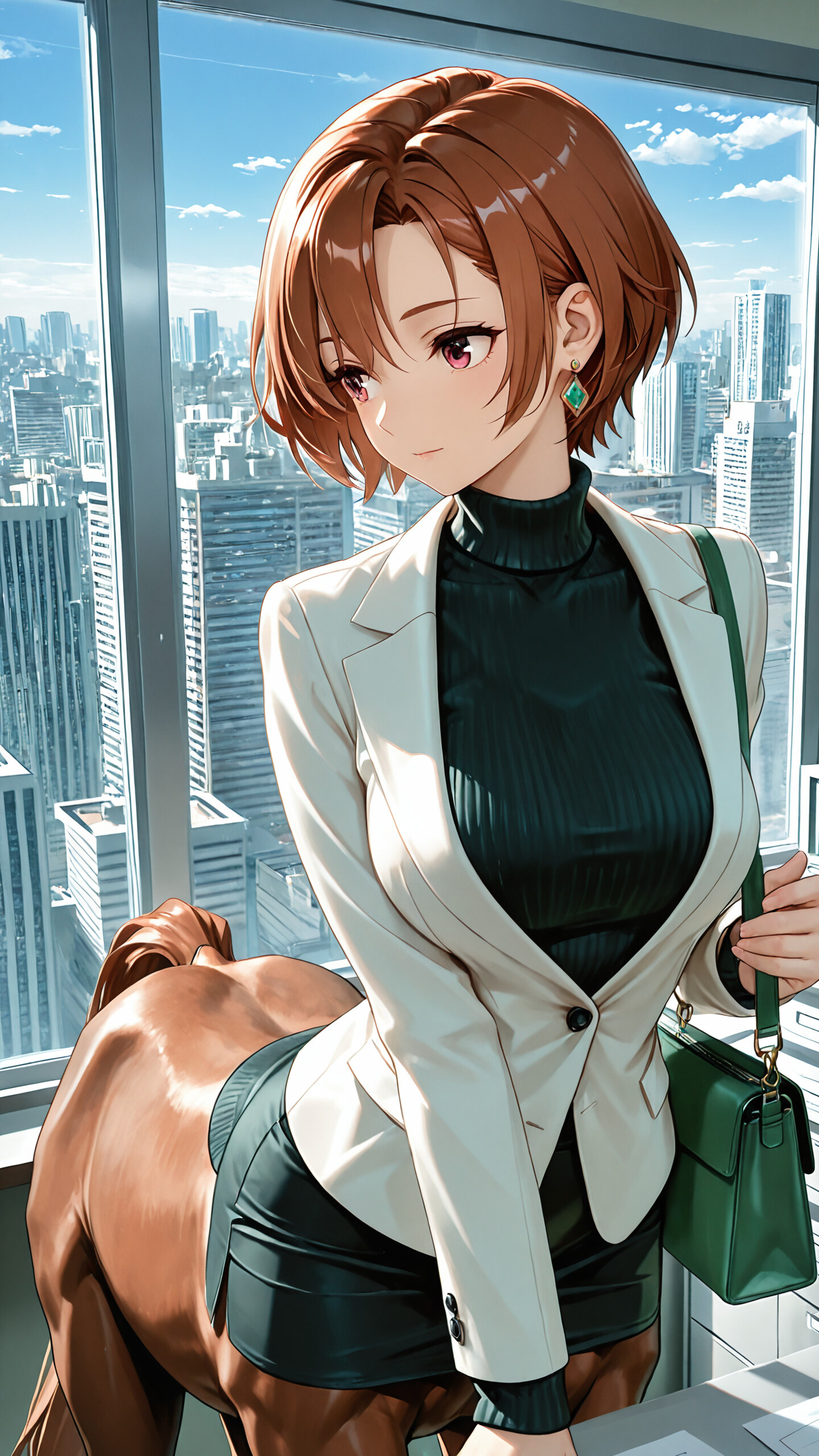 An anime-style illustration of Nice Nature from Uma Musume as an office lady. She has short auburn hair and pink eyes, and is wearing a white jacket over a dark turtleneck. She is leaning on a desk in an office at night, with a city skyline visible through the window.