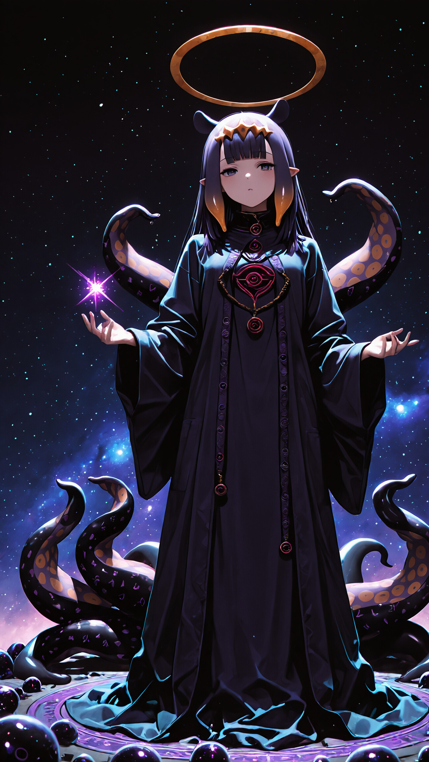 A full-body digital illustration of the VTuber Ninomae Ina'nis as a cosmic priestess. She wears dark purple robes and is surrounded by tentacles, with a large, glowing golden and purple celestial halo behind her.