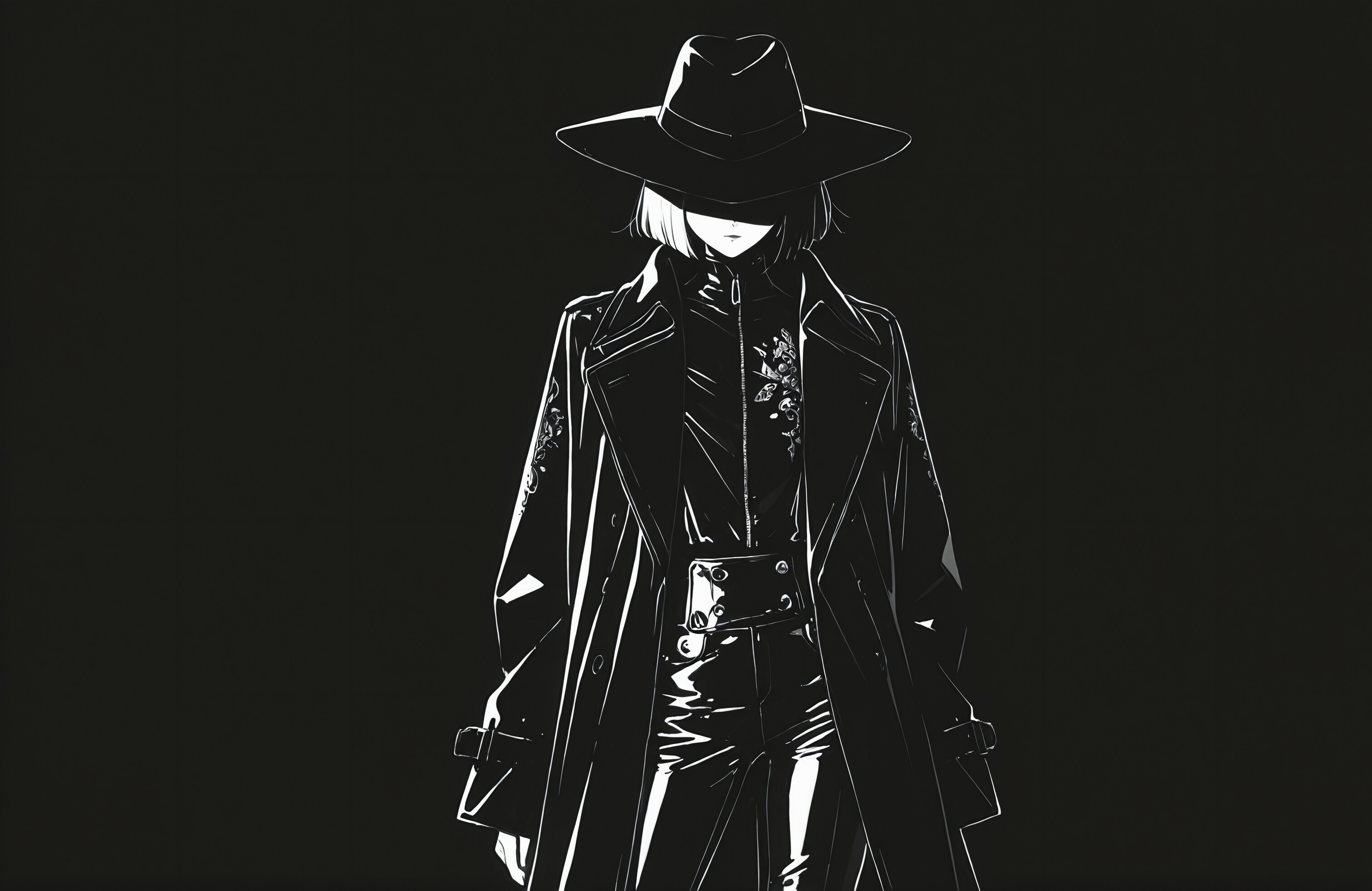 A stylish anime character in a monochrome illustration, wearing a wide-brimmed black hat that shadows their face, a long trench coat, an embroidered shirt, and shiny black leather pants.