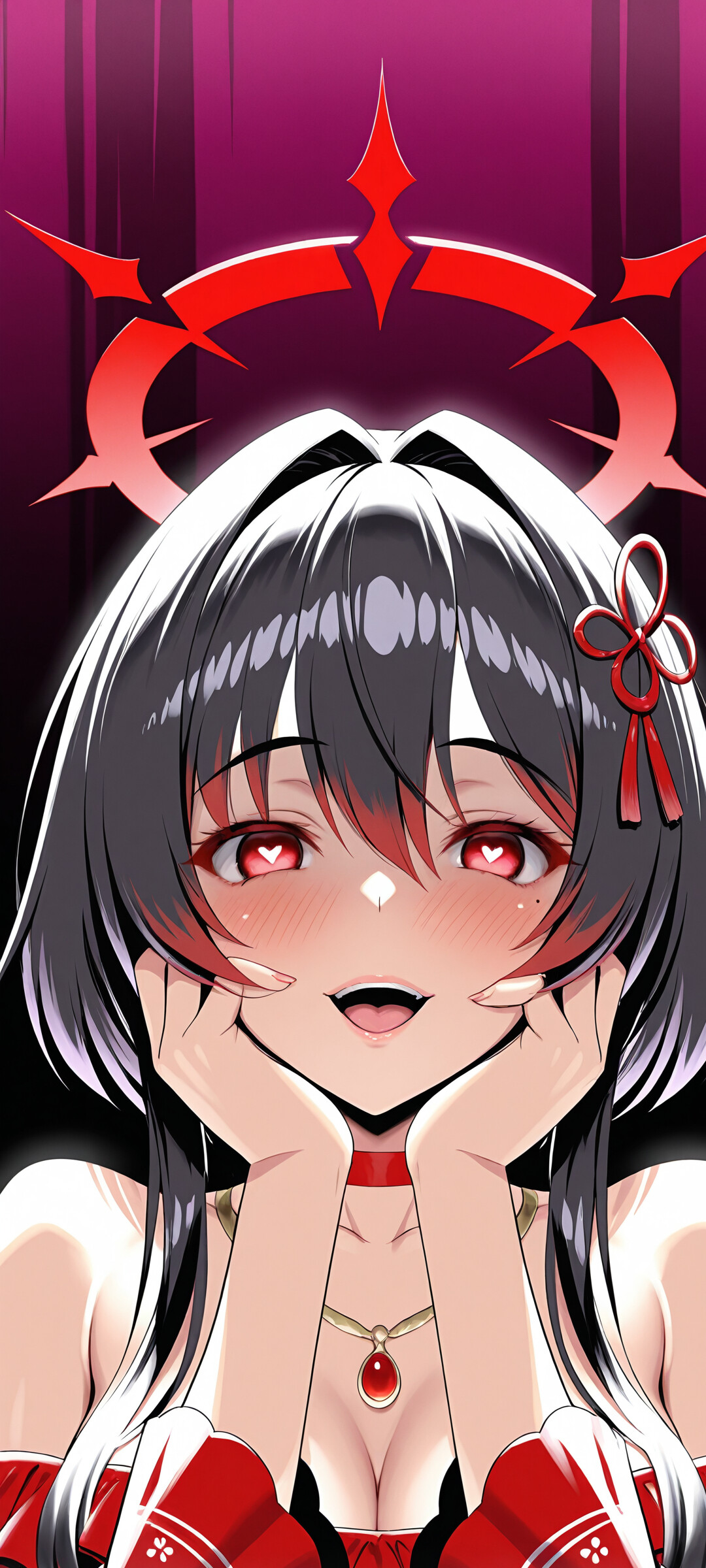 An anime girl with long black hair and a red halo, identified as Shiromi Iori from Blue Archive, giving a yandere smile. She is blushing intensely, with glowing red eyes that have heart-shaped pupils, while cupping her cheeks.