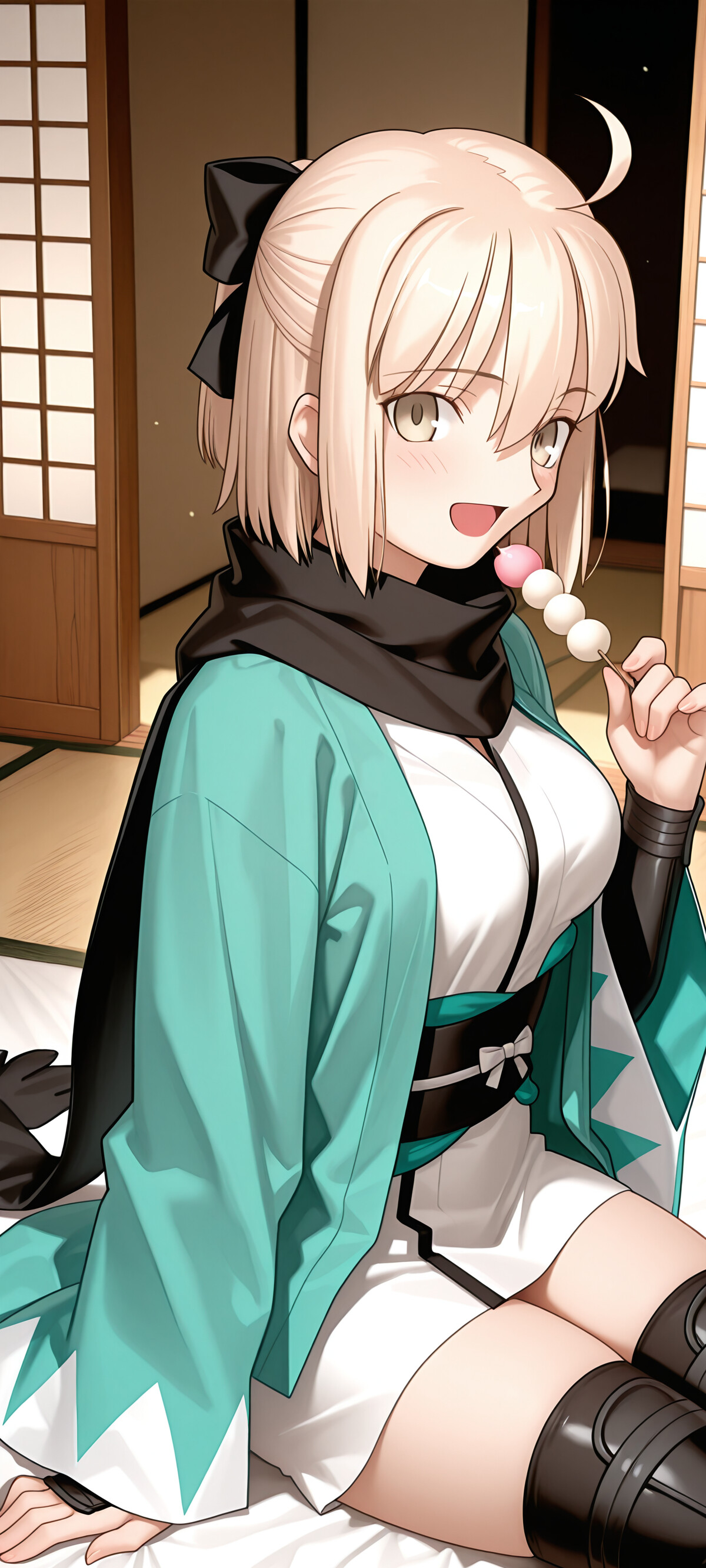Anime character Okita Souji from Fate/Grand Order, a young woman with short blonde hair and a black bow, sitting on a tatami floor in a turquoise haori and white kimono, smiling as she holds up a skewer of orange dango.