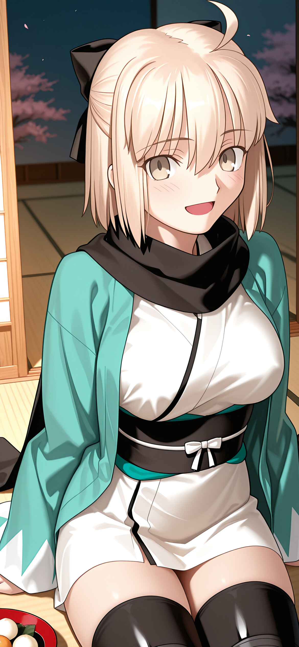 Okita Souji, a blonde anime character from Fate/Grand Order, smiling warmly while sitting in a traditional Japanese room and holding a dango. She is wearing a turquoise haori over a white kimono.