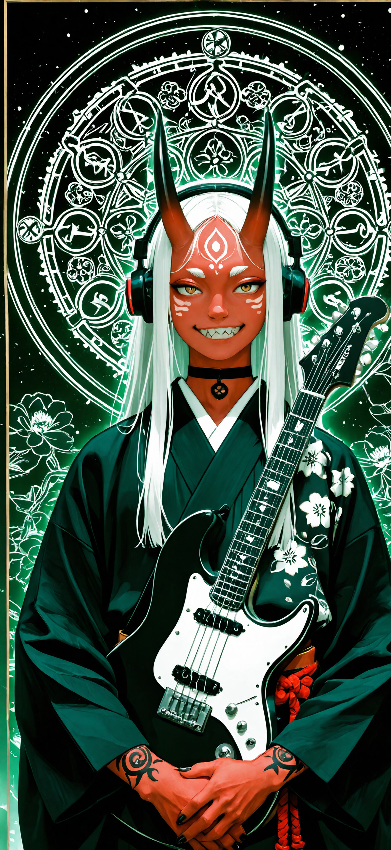 A red-skinned oni demon with white hair and black horns, wearing a black kimono and headphones, smiles menacingly while holding a red electric guitar in front of a glowing green mandala.