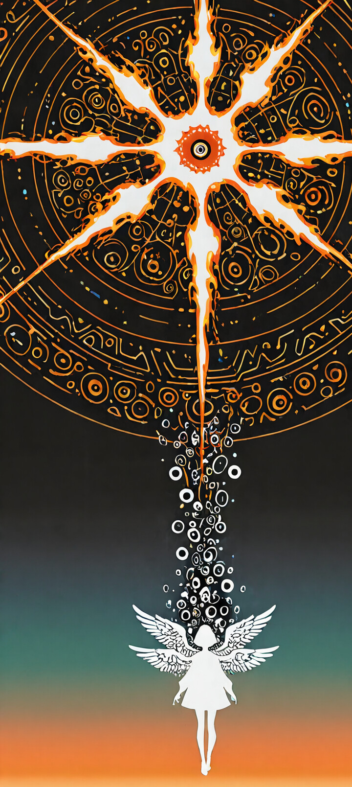 An abstract, high-contrast illustration of a celestial being. A large black circle filled with many smaller eyes forms the head, with a single flaming red eye at its center. This is surrounded by a white halo with black, sun-like rays. Below is the white, minimalist silhouette of a woman's torso against a black and dark red background.