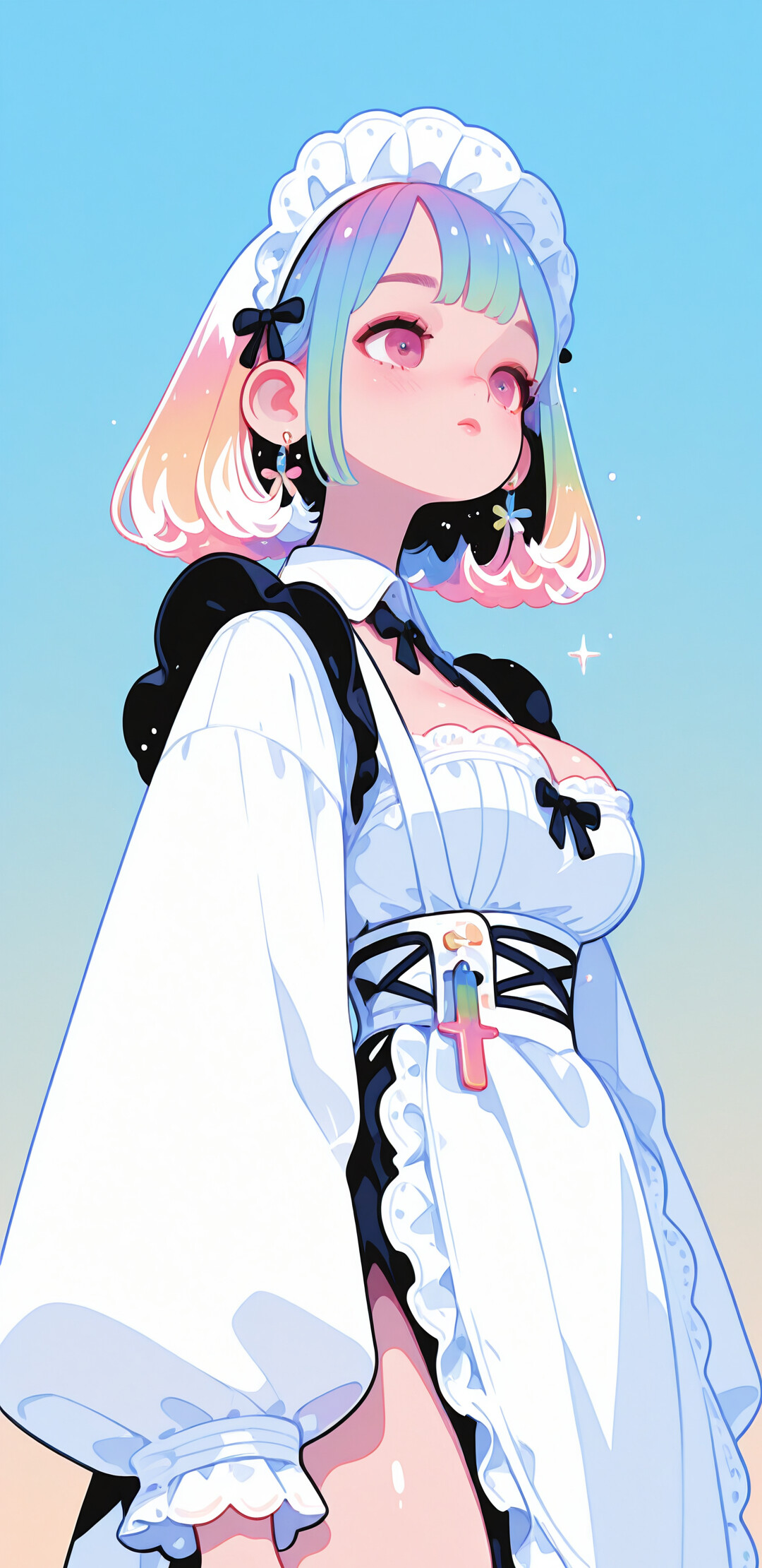 An anime-style illustration of a young maid with short white and rainbow hair, looking up towards a blue sky. She wears a white and black frilly dress, a matching headdress, and small white flower earrings.