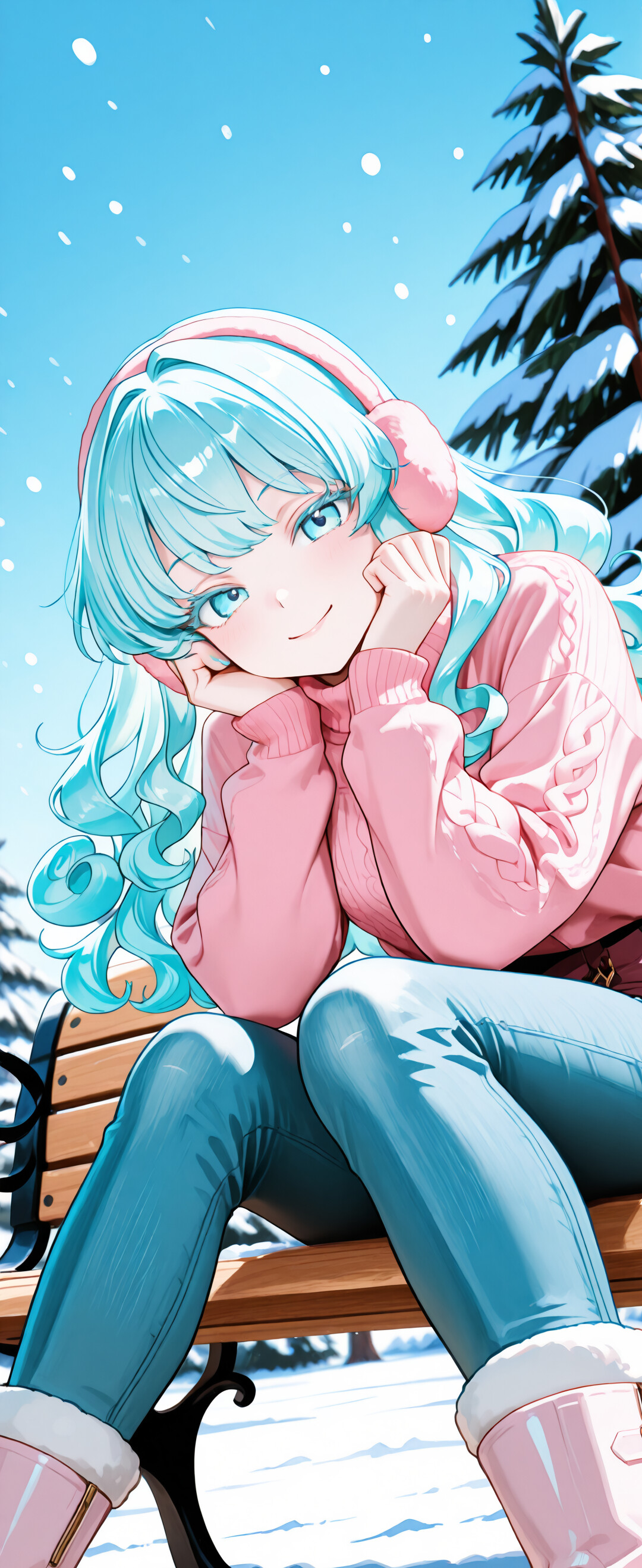 An anime girl with curly aqua hair and a pink sweater sits on a park bench in a snowy winter scene, smiling as she rests her head in her hands.
