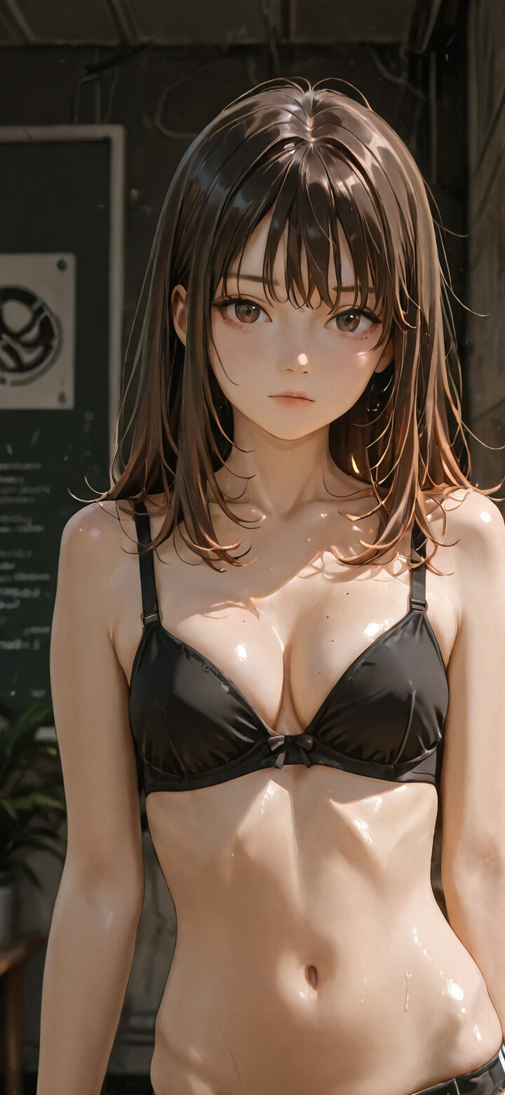 A black and white anime illustration of a girl in a school uniform with dark, shoulder-length hair, looking to the side with a serious and thoughtful expression against a dark background.